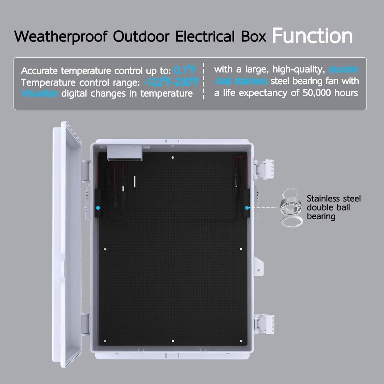 Alt view image 5 of 7 - Outdoor Electrical Box, Waterproof Electrical Junction Box IP65 ABS Plastic Enclosure with Fan & Thermostat, Mounting Plate and Hinged Lid (15.7" H x 11" L x 5.9" W)