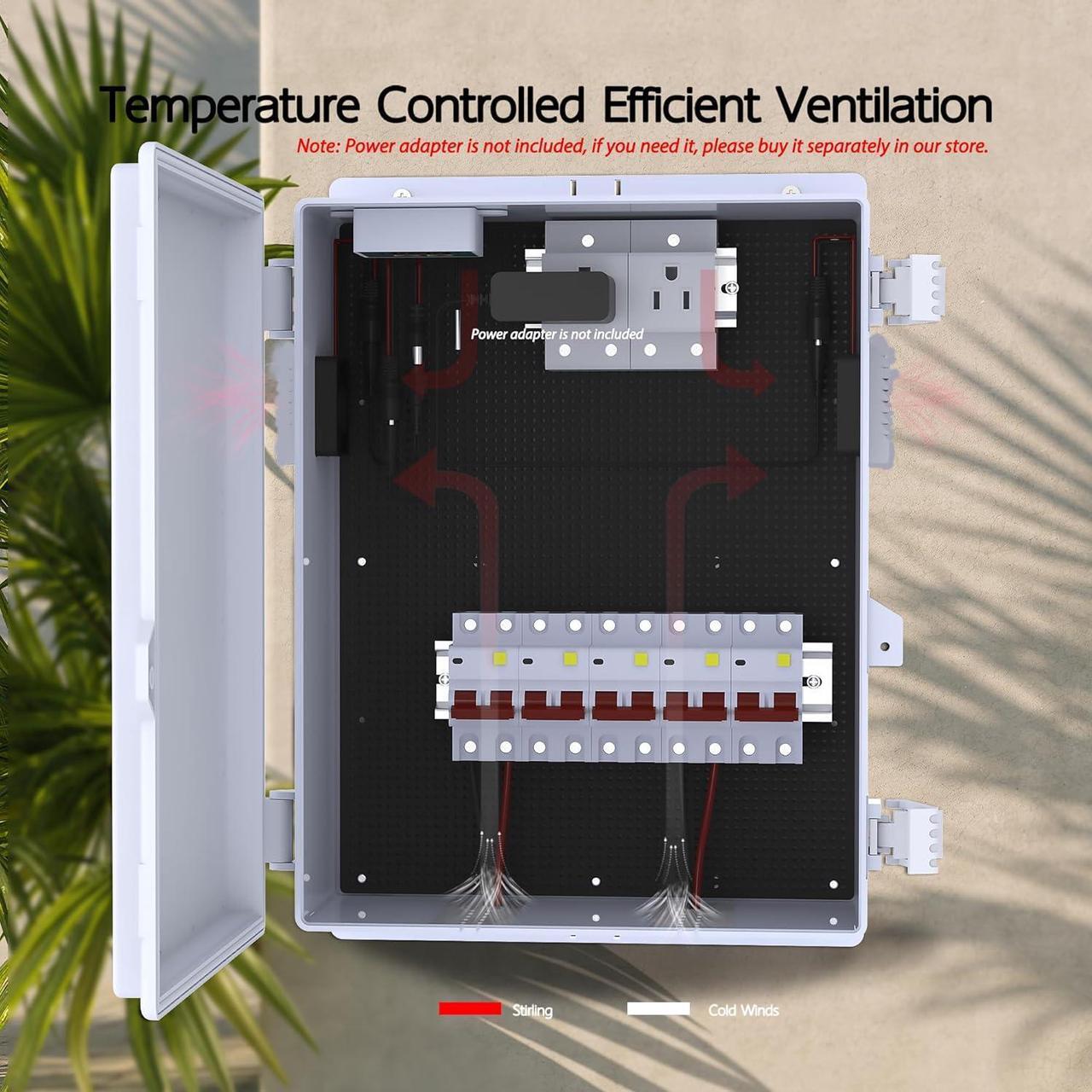 Alt view image 6 of 7 - Outdoor Electrical Box, Waterproof Electrical Junction Box IP65 ABS Plastic Enclosure with Fan & Thermostat, Mounting Plate and Hinged Lid (15.7" H x 11" L x 5.9" W)