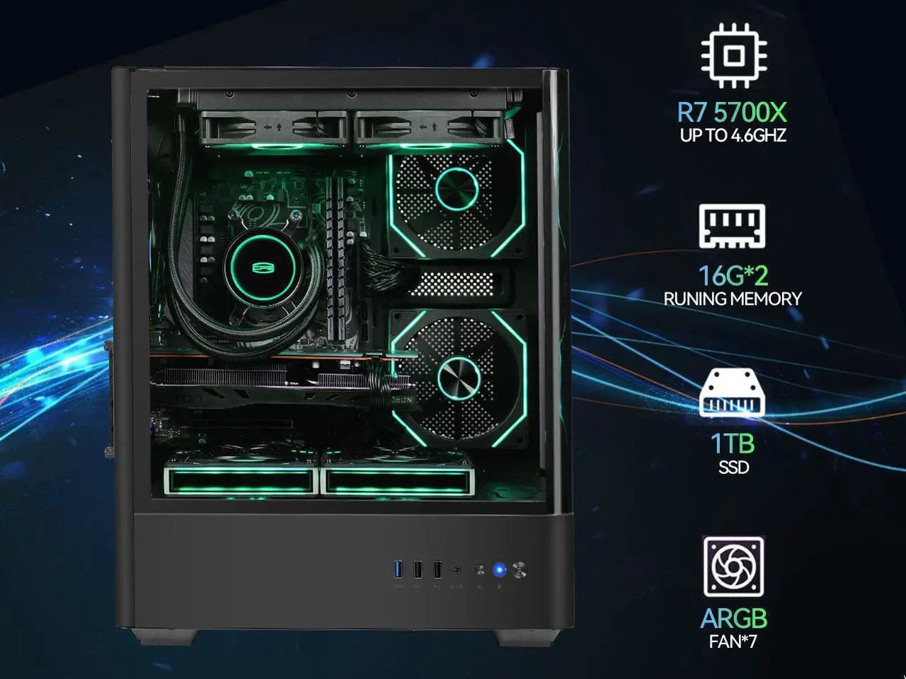 Alt view image 5 of 7 - Synvisus Gaming Desktop, Ryzen 7 5700X, NVIDIA RTX 4060 ,32GB DDR4 RAM, 1TB M.2 NVMe SSD ,Windows 11 home,WIFI, Liquid Cooler , ARGB Fans , Pc for Gaming DesignOffice , Prebuilt Gaming Pc