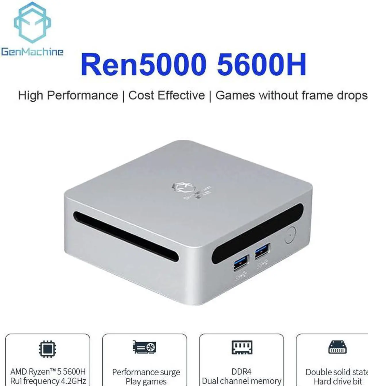 Alt view image 3 of 7 - GenMachine Mini PC AMD Ryzen 5 5600H,8GB RAM 1TB M.2 NVMe SSD,AMD Radeon Graphics,2 x 4K Output, 2 x HDMI Ports,2 x USB 3.0,1 x Type-C,Wifi6,Bluetooth5.2,Windows 11 Pro Desktop Computer