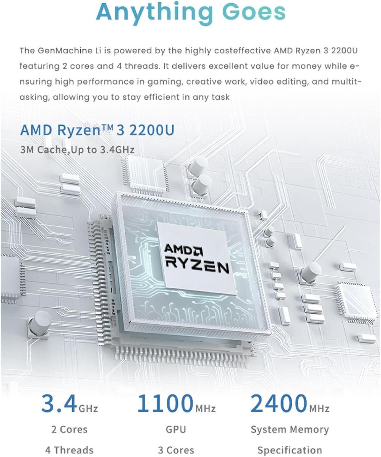Alt view image 2 of 7 - GenMachine Mini PC AMD Ryzen 3 2200U,8GB RAM 256GB M.2 NVMe SSD, AMD Radeon Vega 8 Graphics,2 x 4K Output, 1 x HDMI Ports,1 x DP Ports,4 x USB 3.0,Wifi5, Bluetooth4.2,Windows 10 Desktop Computer
