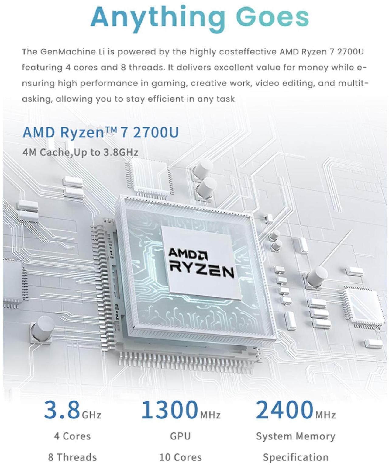 Alt view image 2 of 7 - Genmachine Mini PC AMD Ryzen 7 2700U - Mini Computers Up to 3.8GHz 4c/8t, 16GB DDR4, 256GB SSD & M.2 NVME, Gaming PC with Wifi5/BT4.2/DHMI/DP, Gaming/Office/Design