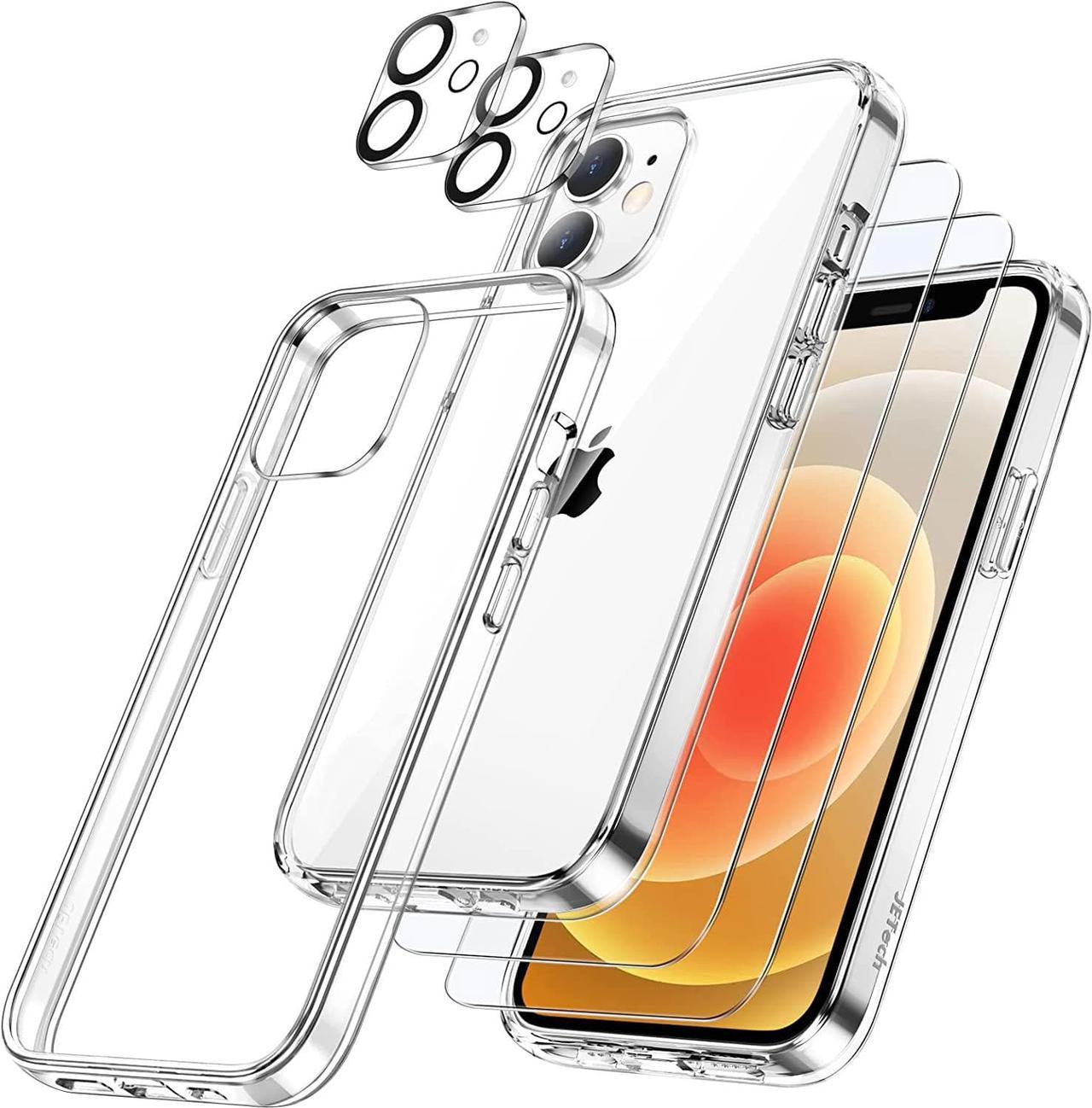 JETech 5 in 1 Case for iPhone 12 6.1-Inch, with 2-Pack Screen Protector and 2-Pack Camera Lens Protector, Non-Yellowing, Full Coverage Tempered Glass Film, Shockproof Bumper Phone Cover (Clear)