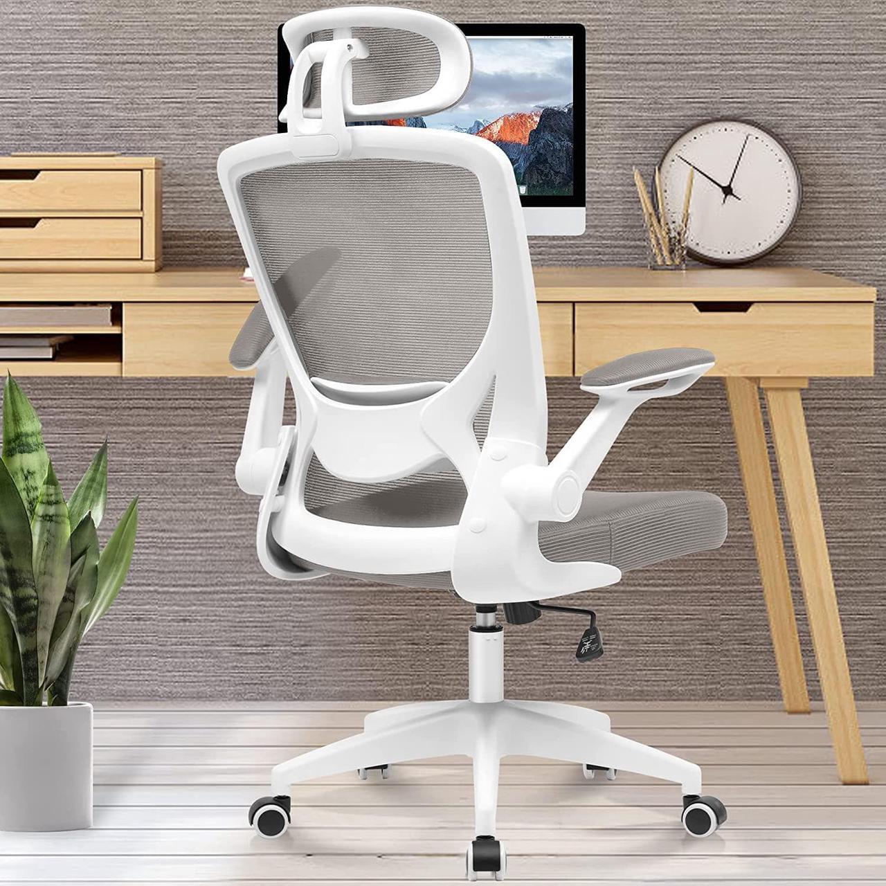 Office Chair, KERDOM Breathable Ergonomic Desk Chair, Lumbar Support Computer Chair with Wheels and Flip-up Arms, Headrest Swivel Task Chair, Adjustable Height Home Gaming Chair (9060H,Light Gray)