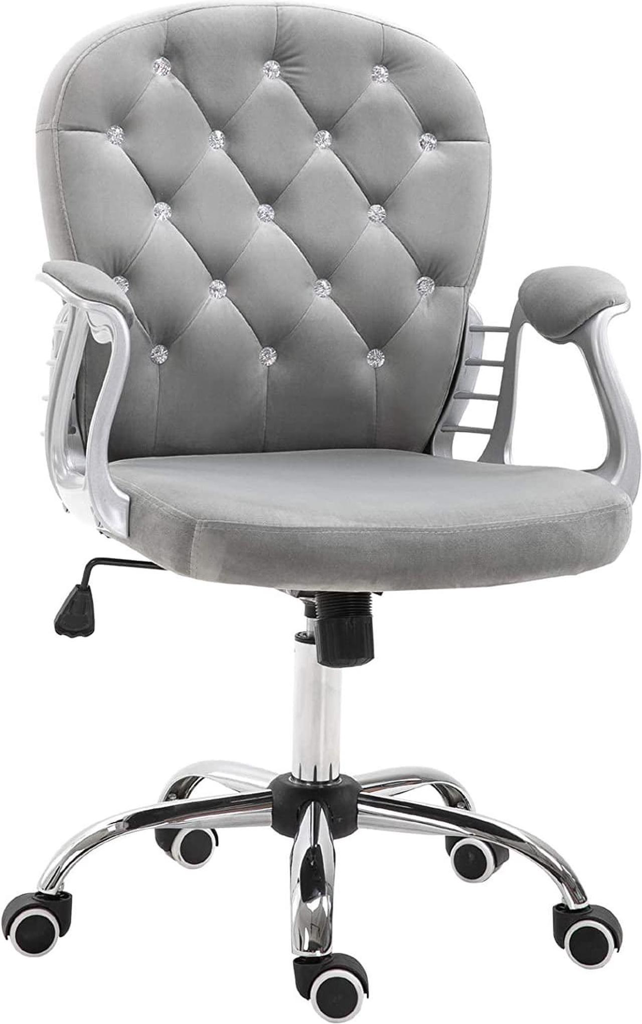 Vinsetto Velvet Vanity Office Chair, Button Tufted Swivel Chair with Adjustable Height, Padded Armrests and Tilt Function, Grey