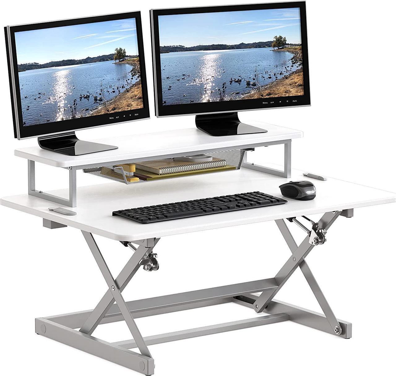 SHW Standing Desk Converter 36-Inch Pneumatic Height Adjustable with Monitor Riser, White