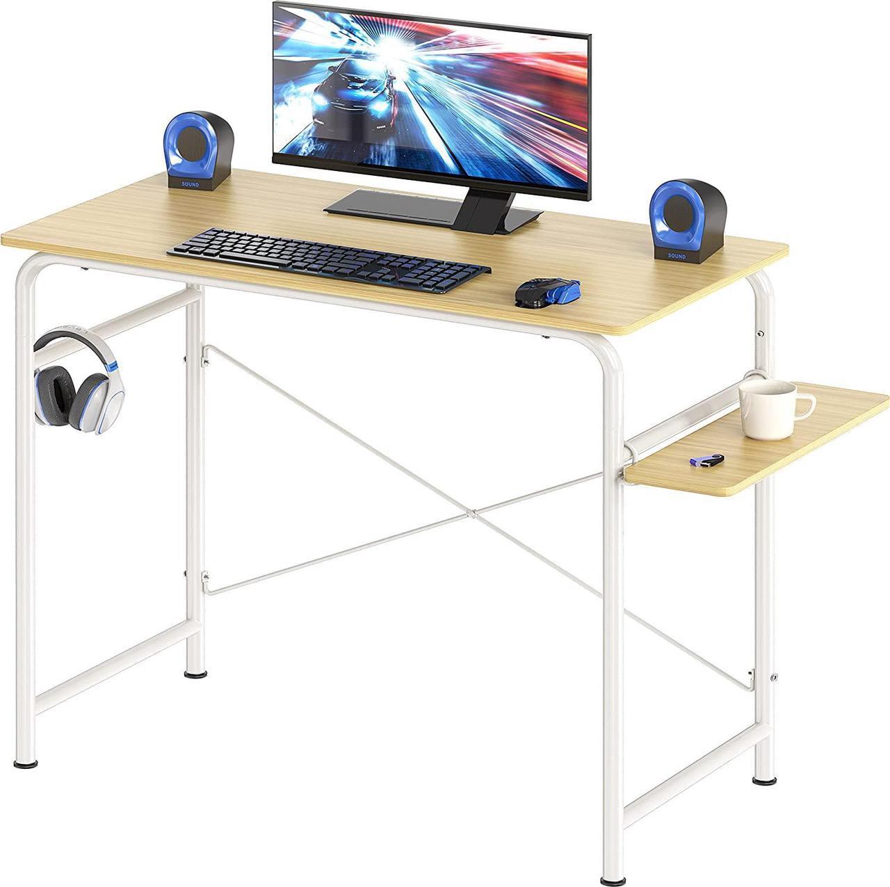 SHW 31-Inch Small Gaming Home Office Computer Table with Shelf, Oak