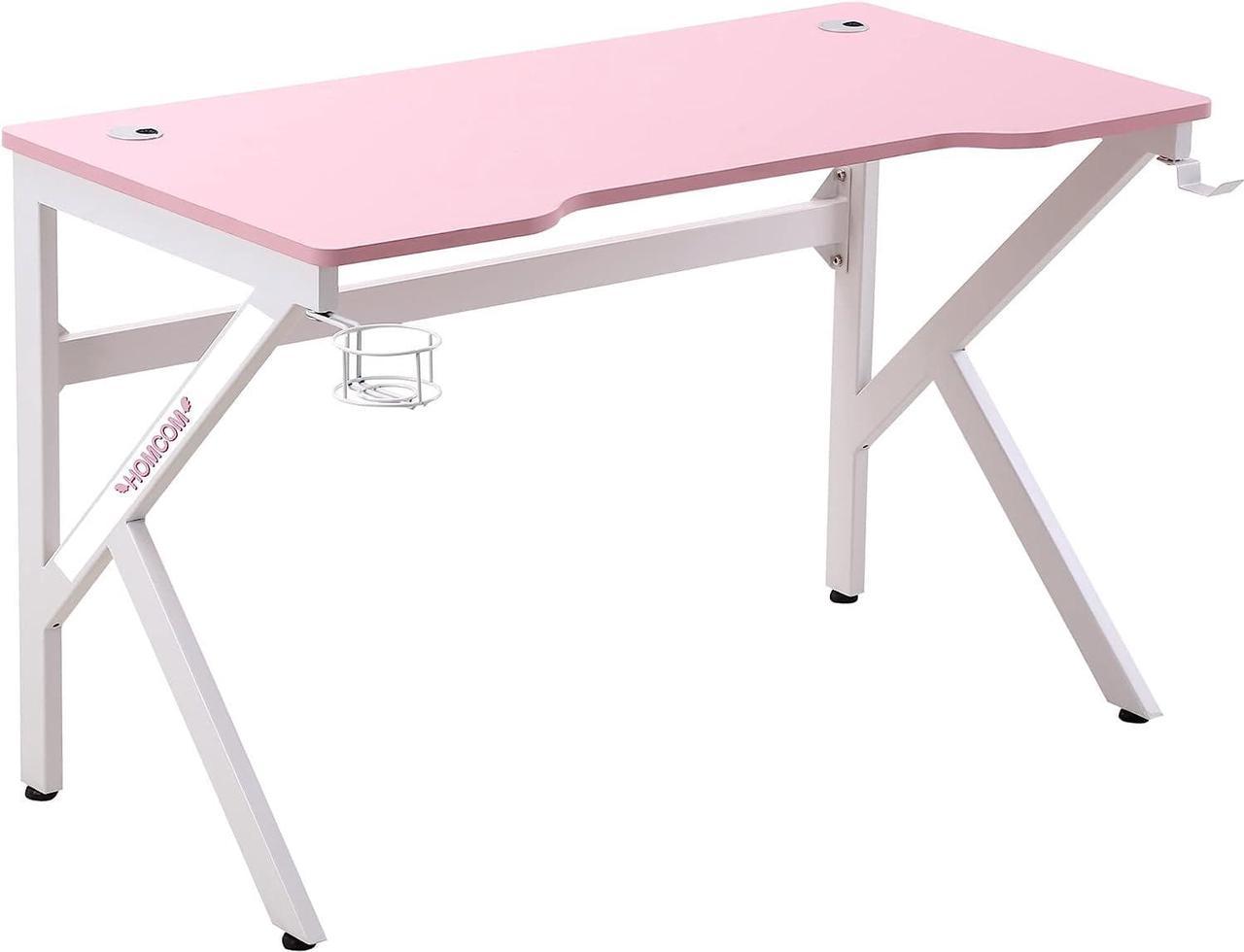 HOMCOM 47 inch Gaming Desk, Racing Style Computer Table, Home Office Workstation with Rotatable Cup Holder, Headphone Hook, Gamepad Stand, Wire Port, Pink