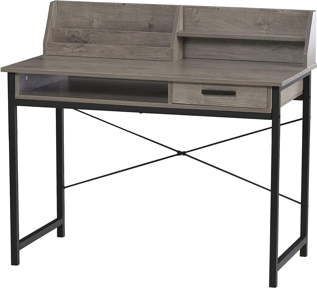 HOMCOM Industrial Computer Desk with Drawer and Open Shelves, Writing Table with Hutch for Home Office, Grey