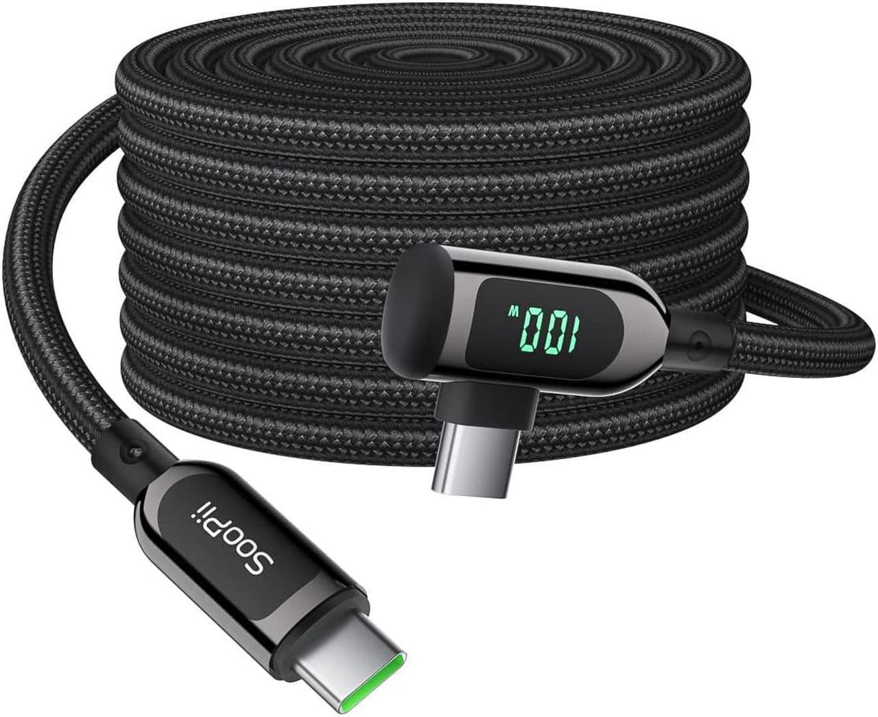 SooPii 100W Right Angle USB C to USB C Cable,10FT Zinc Alloy Braided Type-C Cable with LED Display for lPhone 15, lPad Air/Pro,MacBook Pro,Galaxy S24/S23/S22/S10,Pixel,LG(3m,Black)