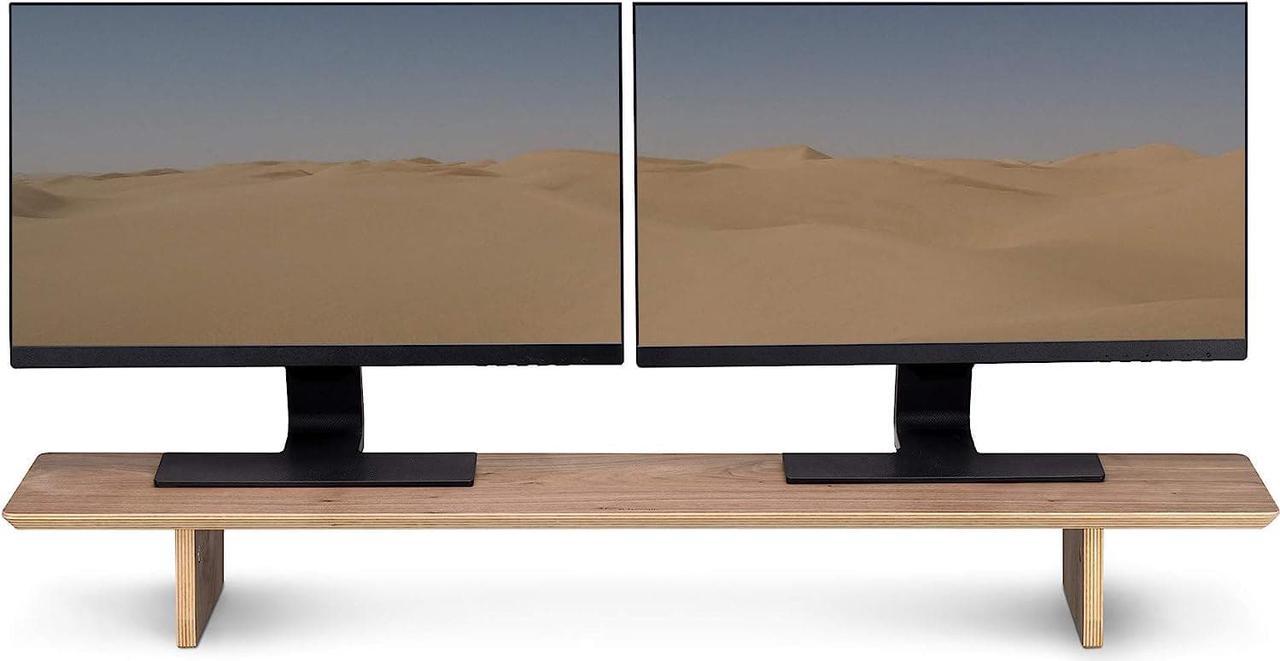 Navaris Dual Monitor Stand Riser - Real Wood Double Width Desk Shelf for Holding 2 Computer Screens - 42.9" Wide x 9.1" Deep x 4.7" High - Walnut