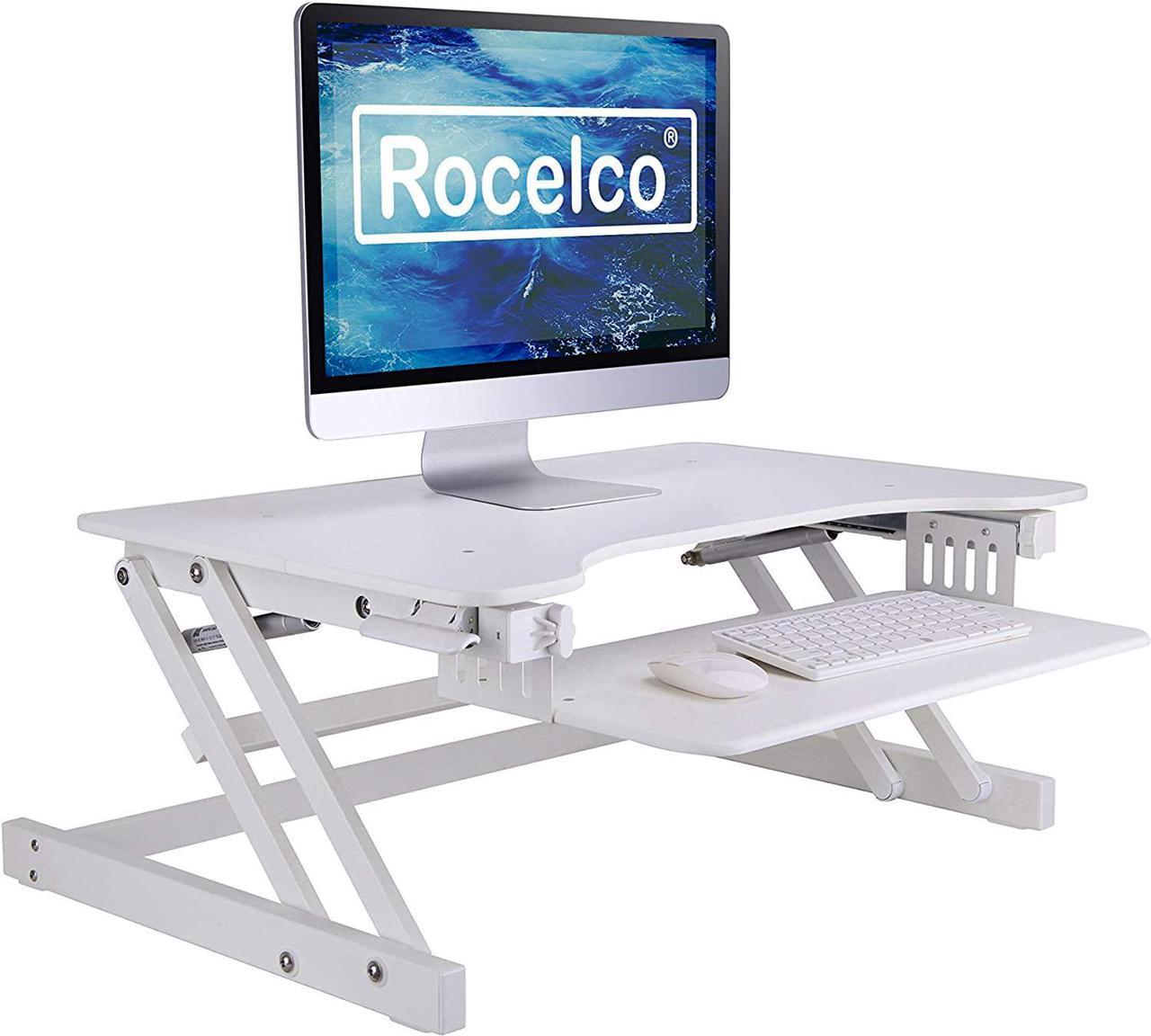 Rocelco 32" Height Adjustable Standing Desk Converter - Quick Sit Stand Up Dual Monitor Riser - Gas Spring Assist Tabletop Computer Workstation - Large Retractable Keyboard Tray - White (R ADRW)