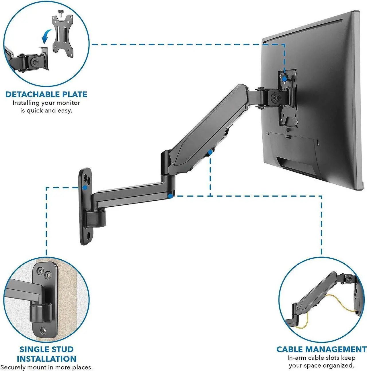 Alt view image 3 of 7 - Mount-It! Monitor Wall Mount with Full Motion Gas Spring Arm | Height Adjustable Bracket for Flat Panel Screens Up to 32" | Fits VESA 75 and 100, 17.6 Lbs Capacity, Black