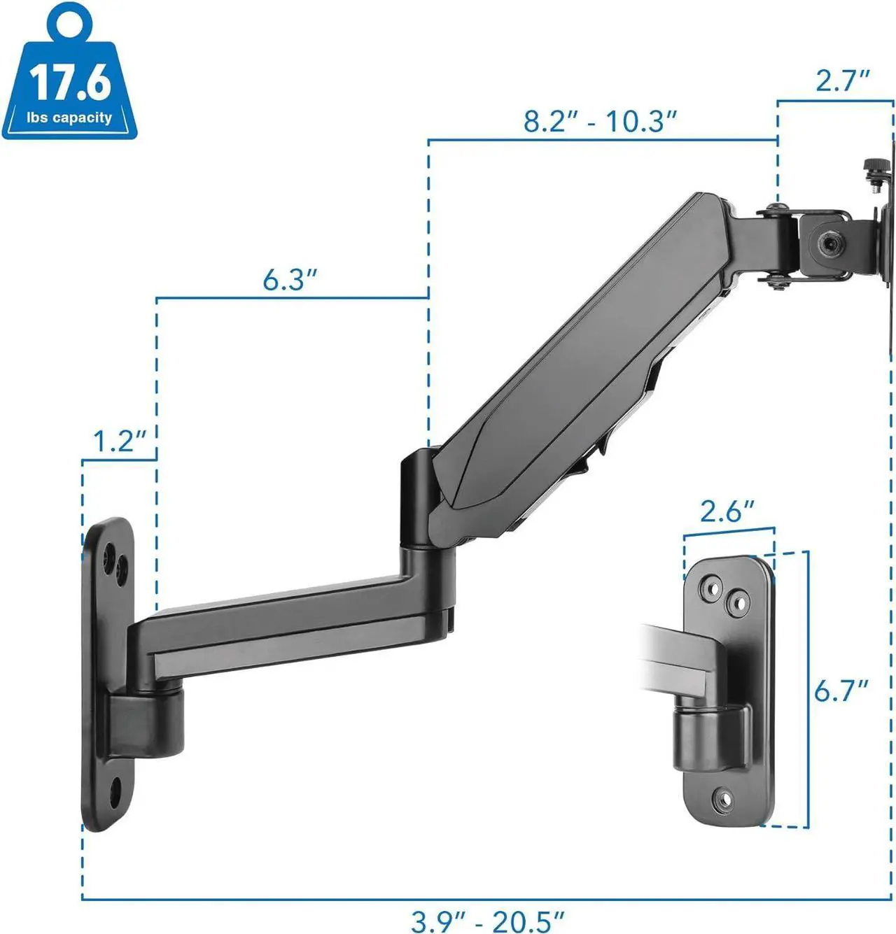 Alt view image 6 of 7 - Mount-It! Monitor Wall Mount with Full Motion Gas Spring Arm | Height Adjustable Bracket for Flat Panel Screens Up to 32" | Fits VESA 75 and 100, 17.6 Lbs Capacity, Black