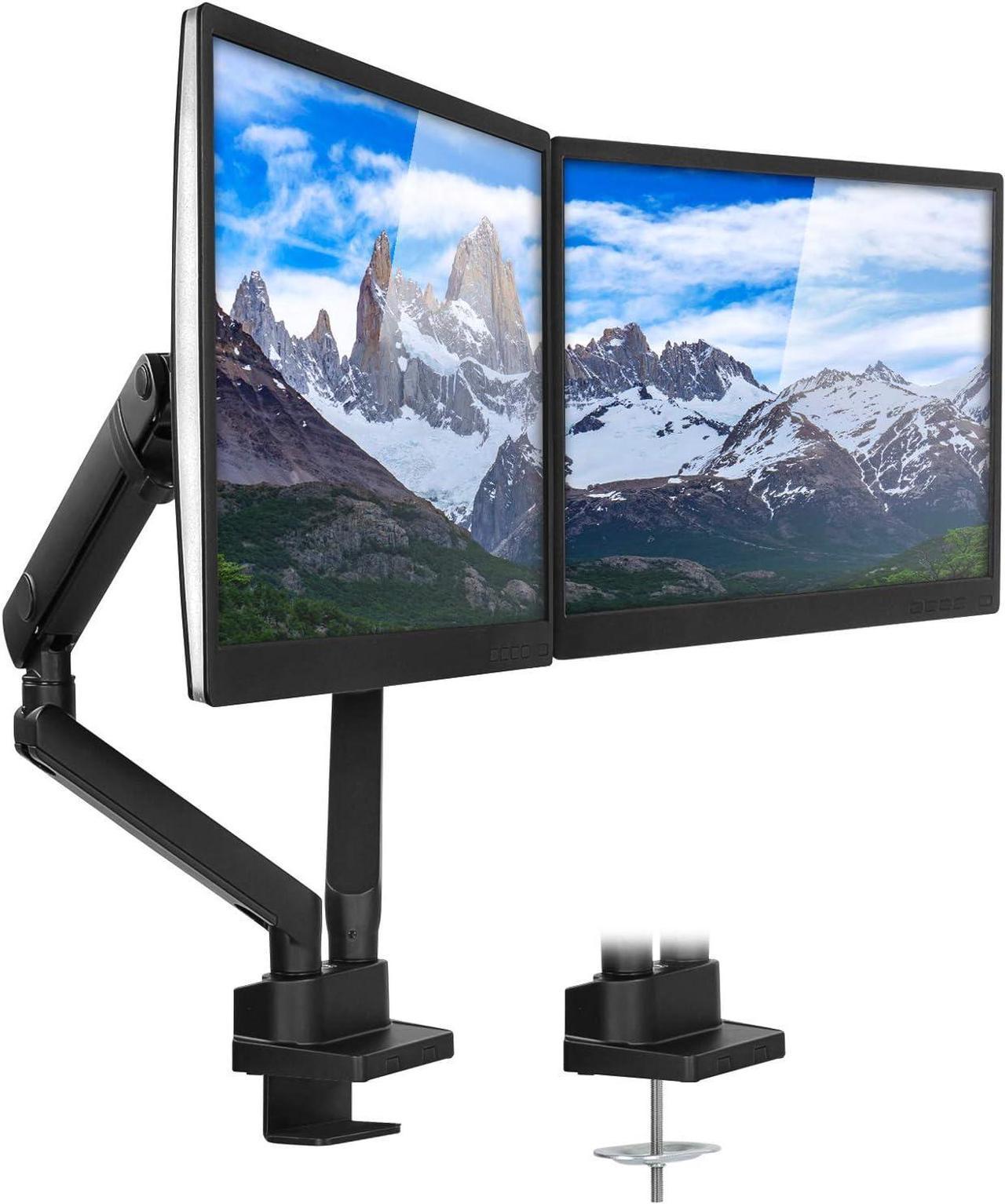 Mount-It! Dual Monitor Arm Mount Desk Stand | Premium Quality | Articulating Mechanical Spring Height Adjustable | Fits Two 24 27 29 30 32 Inch VESA 75 100 Compatible Screens | C-Clamp and Grommet