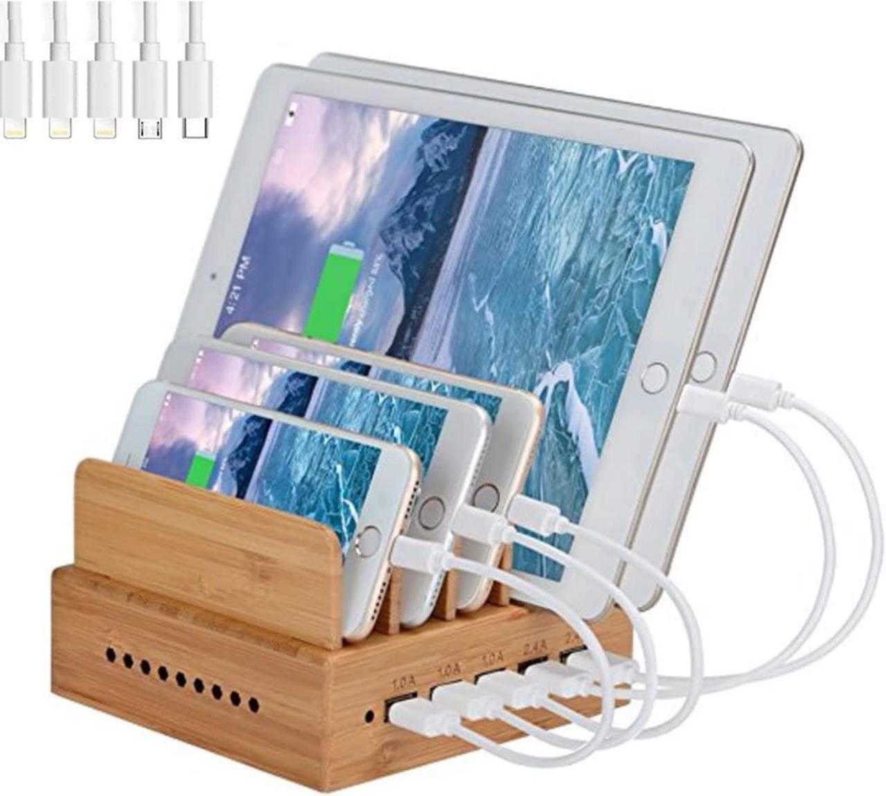 Yisen Wood Bamboo Multi Device Charging Station 5-Port USB Charging Dock for for iPhone, iPad, Universal Phones, Tablets and Other USB-Charged Devices(with 5 USB Charge Cables)