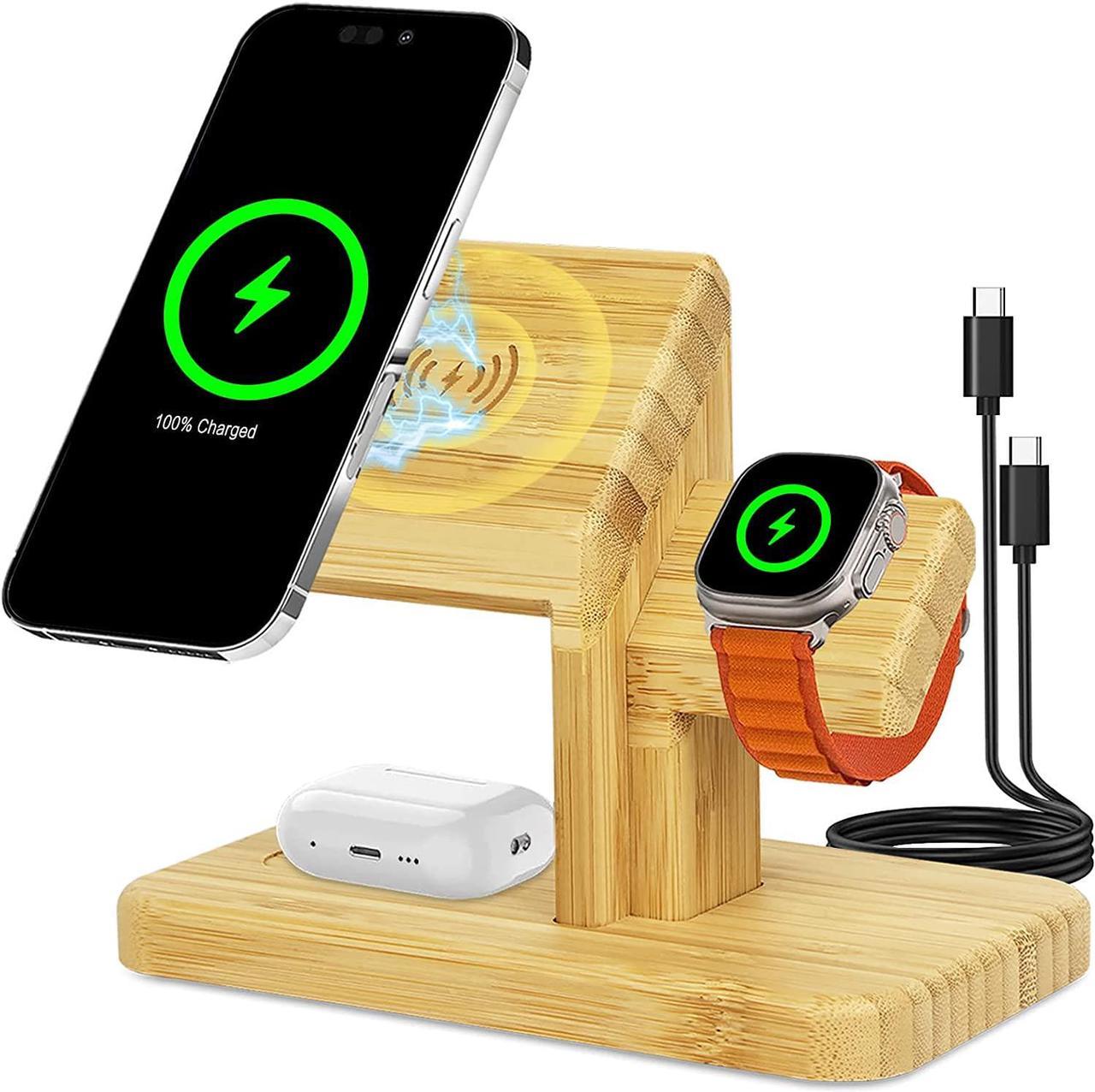 Wireless Charging Station for Apple, 3 in 1 Wireless Charger Stand, 20W Fast Magnetic Bamboo Charging Station for iPhone 14/13/12 Pro/Max/Plus, for Apple Watch 8/7/6/SE/5/4/3/2, for Airpods 3/2/Pro