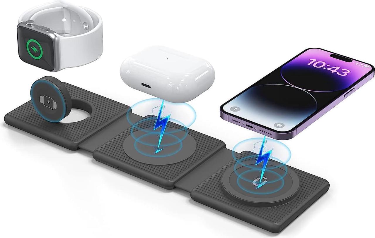 KAFIYA Wireless Charger 3 in 1 Magnetic Foldable Wireless Charging Station Fast Charger Compatible with iPhone 14/Pro/Max/Plus/13/12 Series AirPods 3/2/Pro iWatch Series (Adapter Included) Black