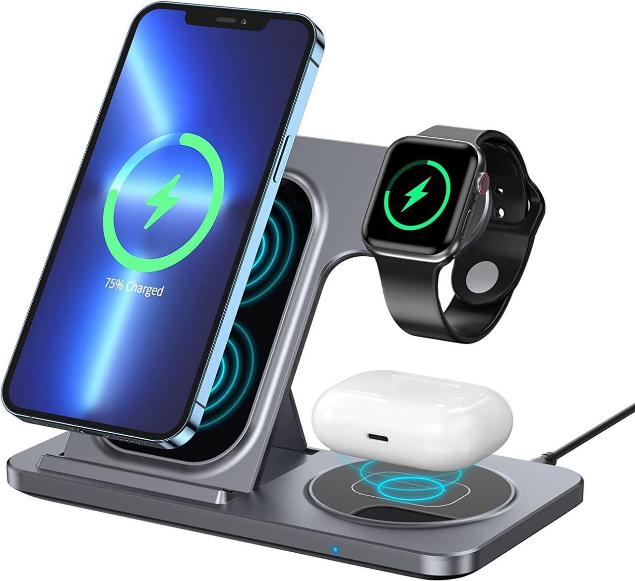 Wireless Charging Station, KOOPAO 3 in 1 Foldable Fast Wireless Charger Dock Stand Compatible with iPhone 14/13/12/11/8 Pro/Max/XR/XS/X, Apple Watch Series, AirPods 2/Pro-GreyAdapter is not Included