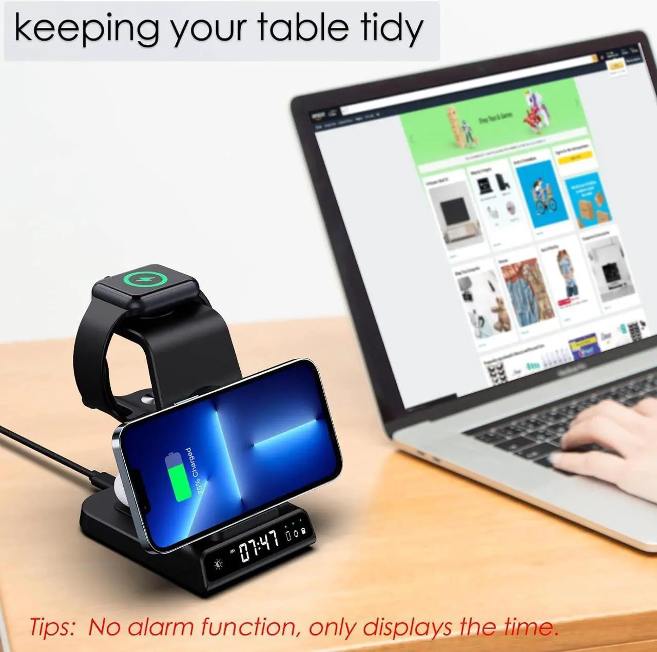 Alt view image 6 of 6 - NeotrixQI Wireless Charging Station for Apple Multiple Devices, 3 in 1 Wireless Charger with Clock for iPhone 15 Pro Max/15 Pro/15/15 Plus/14 Pro Max/13/12, AirP od Pro 3/2, Watch Stand for iWatch
