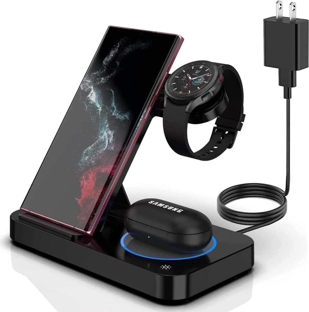 Wireless Charging Station, 3 in 1 Foldable Wireless Charger Compatible with Samsung Galaxy S22/Z Fold/S21/S20/S10, Galaxy Buds+/Live/Pro, Galaxy Watch 4/3/Active2 (QC 3.0 Adapter Included)