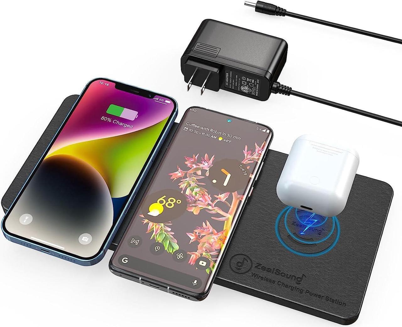 Main image of Wireless Charging Pad Ultra-Slim Triple Wireless Charger Station for Multiple 3 Devices & New Airpods Ultra Slim PU Leather Wireless Charging Mat W/AC Adapter for Smartphone Phone (Black)