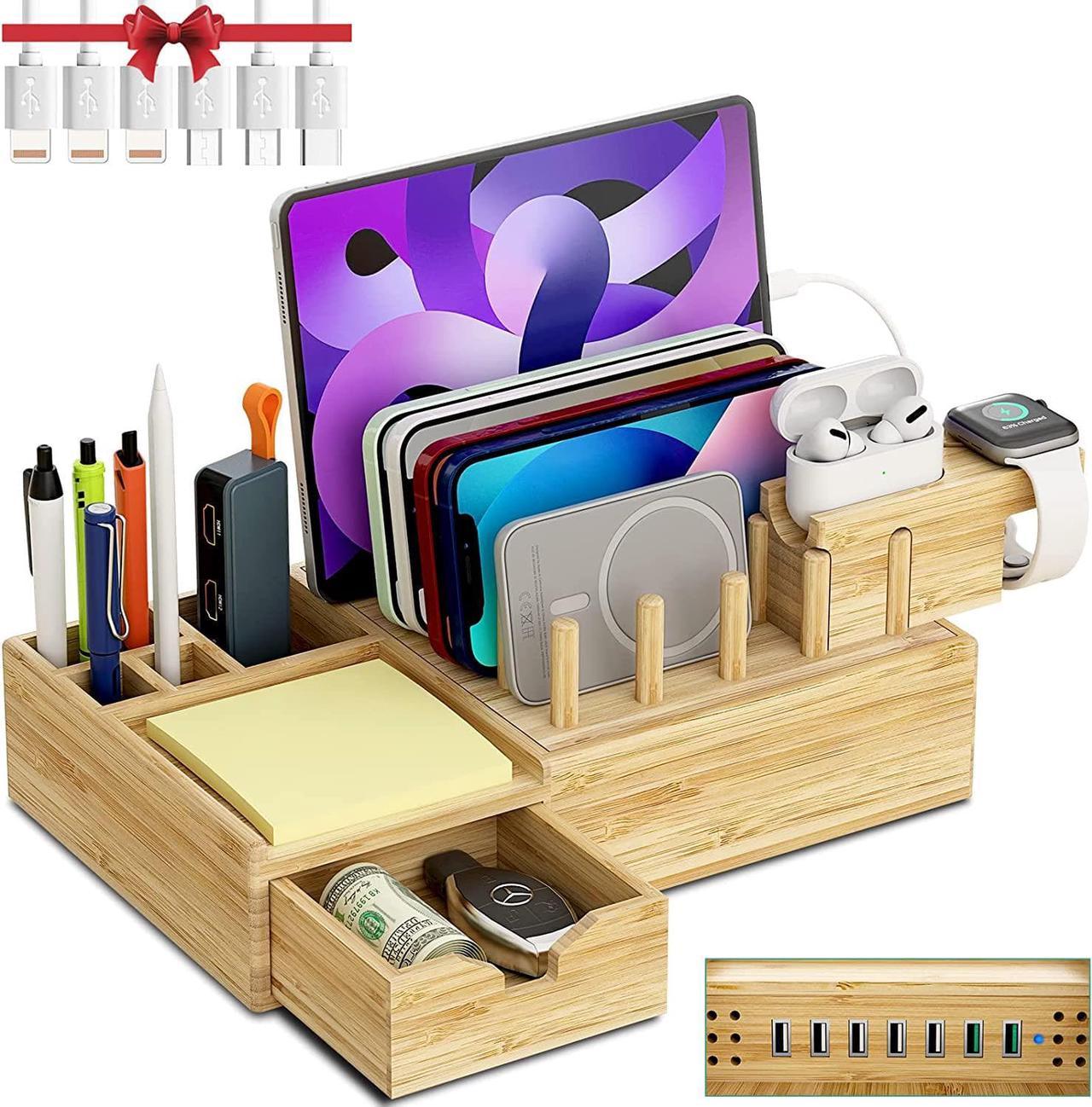 7 in 1 Bamboo Charging Station for Multiple Devices - Darfoo Wood Charging Dock Organizer with Drawer, 7 USB Charging Ports Compatible with Cell Phones, Tablet, Smart Watch & Earbud