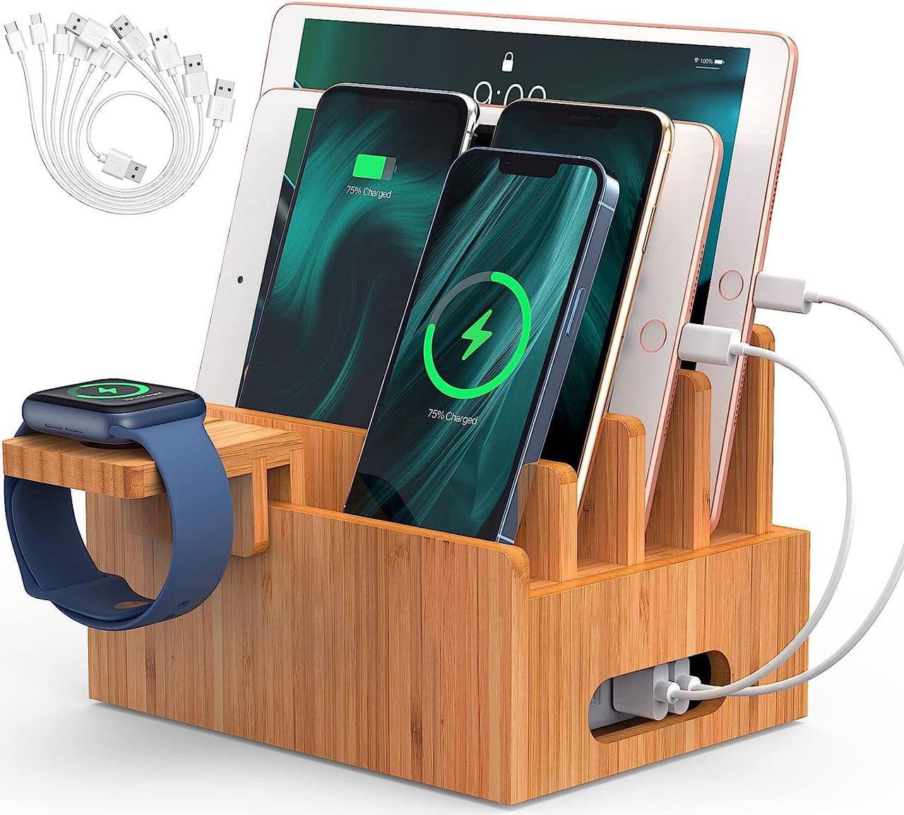 BEEBO BEABO Bamboo Charging Station for Multiple Devices, Wood Holder Docking Stand, Cell Phone Charging Stations Compatible with Phone, Watch, Tablet (Include 5 Charger Cables and Watch Stand)