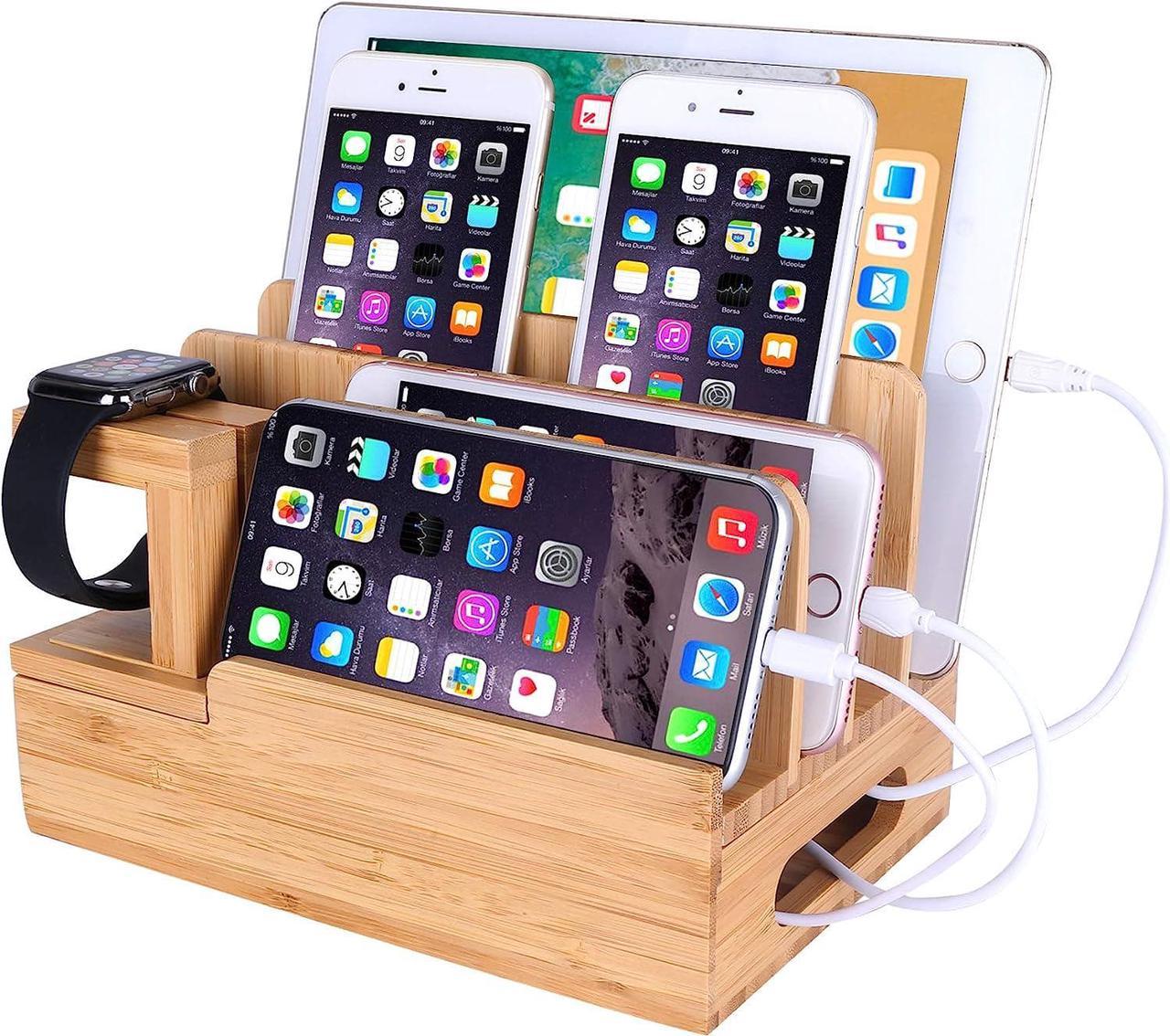 Bamboo Wood Desktop Organizer Charging Docking Station Charger Holder Cradle Stand compatible with iPhone 11 Pro Max XS XR X iPad Air Pro Mini Apple Watch 2 3 4 / iWatch 38 & 42mm Samsung Smartphones