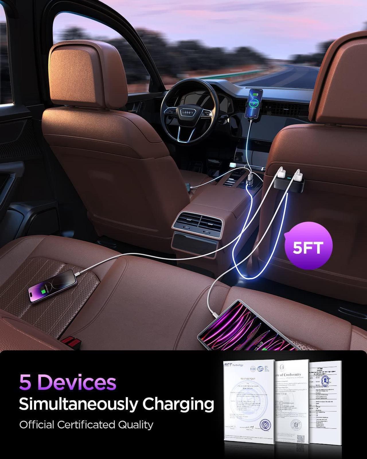 Alt view image 2 of 6 - 5 Multi usb car charger Adapter for Multiple Devices 12V Multi Port Cigarette Lighter Adapter with 5FT Cable for Back Seat Charging