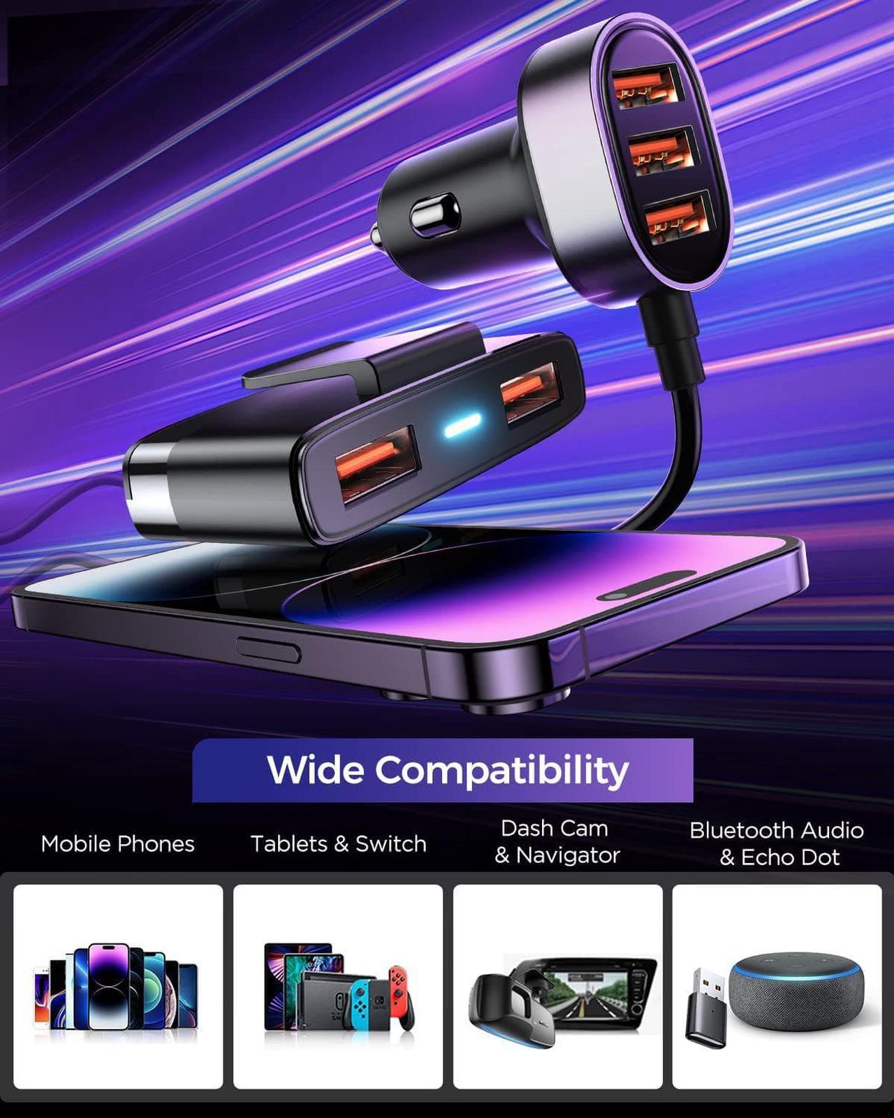 Alt view image 3 of 6 - 5 Multi usb car charger Adapter for Multiple Devices 12V Multi Port Cigarette Lighter Adapter with 5FT Cable for Back Seat Charging