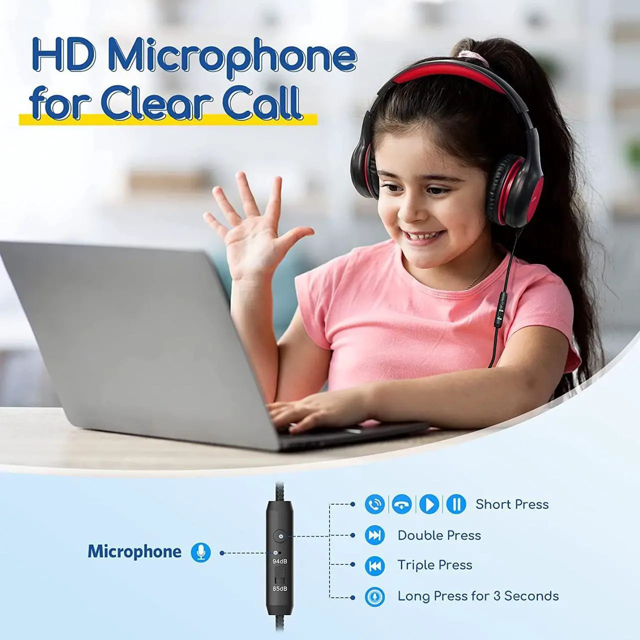 Alt view image 2 of 7 - Kids Headphones Wired with Microphone 85/94dB Volume Limit Headphones for Kids Portable Wired Headphones with Shareport Stereo Sound Foldable Headset for School/Tablet/iPad/Kindle Black Red