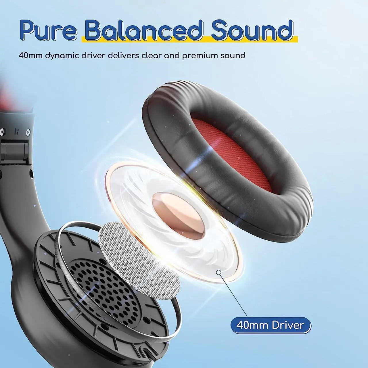 Alt view image 6 of 7 - Kids Headphones Wired with Microphone 85/94dB Volume Limit Headphones for Kids Portable Wired Headphones with Shareport Stereo Sound Foldable Headset for School/Tablet/iPad/Kindle Black Red