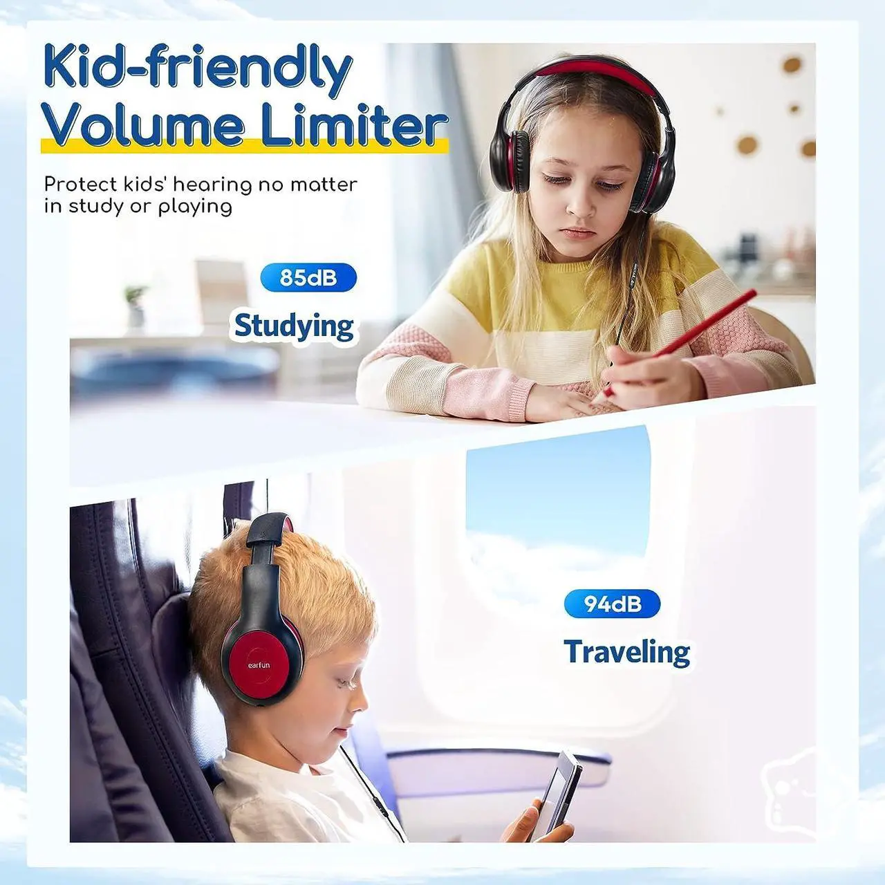 Alt view image 5 of 7 - Kids Headphones Wired with Microphone 85/94dB Volume Limit Headphones for Kids Portable Wired Headphones with Shareport Stereo Sound Foldable Headset for School/Tablet/iPad/Kindle Black Red