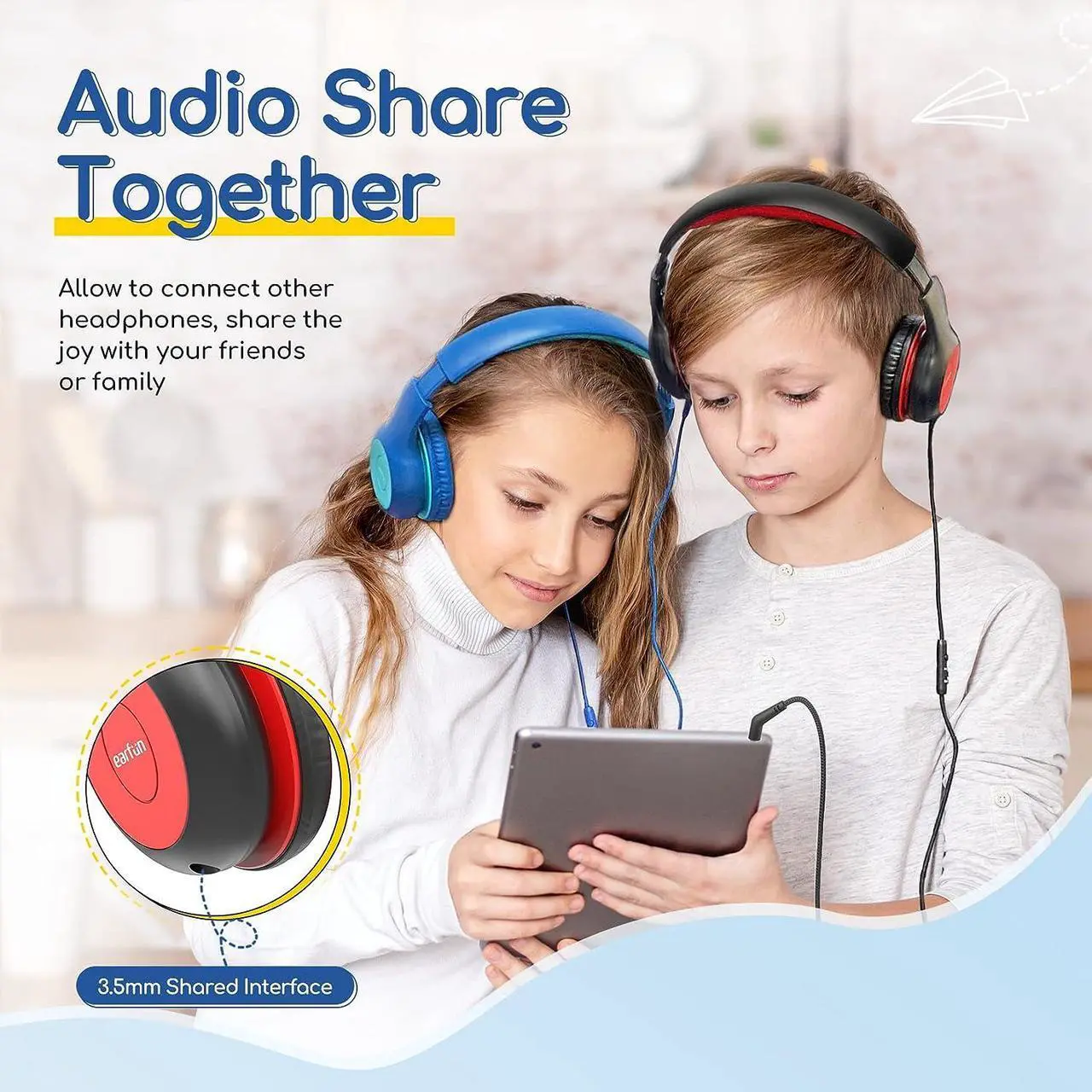 Alt view image 7 of 7 - Kids Headphones Wired with Microphone 85/94dB Volume Limit Headphones for Kids Portable Wired Headphones with Shareport Stereo Sound Foldable Headset for School/Tablet/iPad/Kindle Black Red