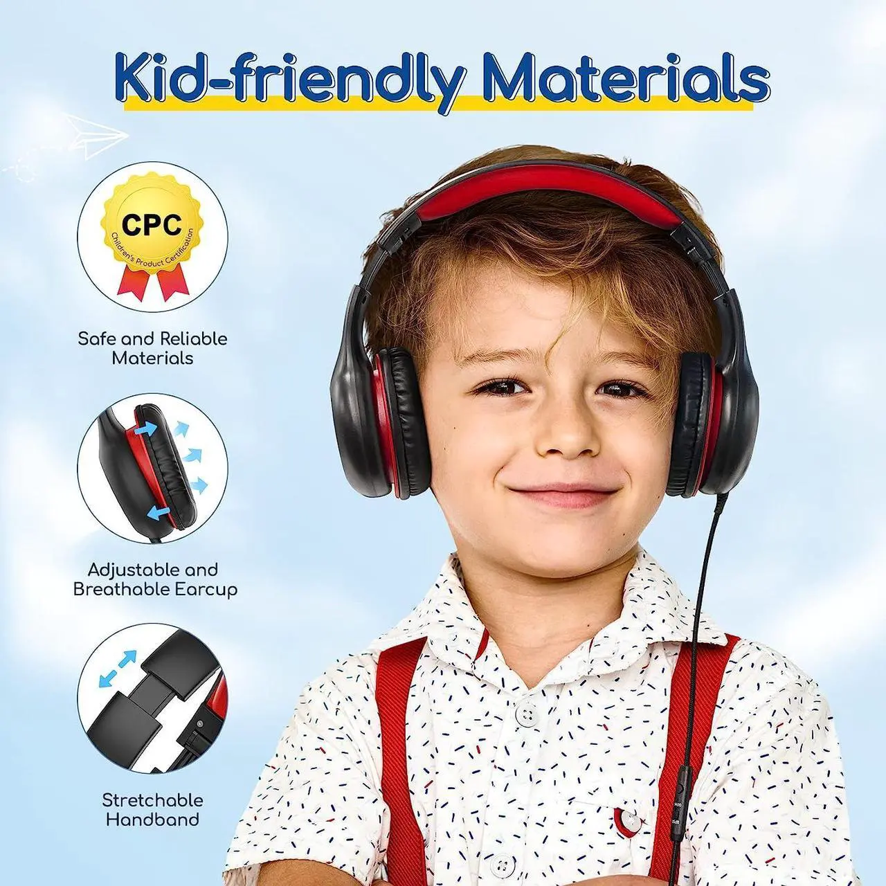 Alt view image 4 of 7 - Kids Headphones Wired with Microphone 85/94dB Volume Limit Headphones for Kids Portable Wired Headphones with Shareport Stereo Sound Foldable Headset for School/Tablet/iPad/Kindle Black Red