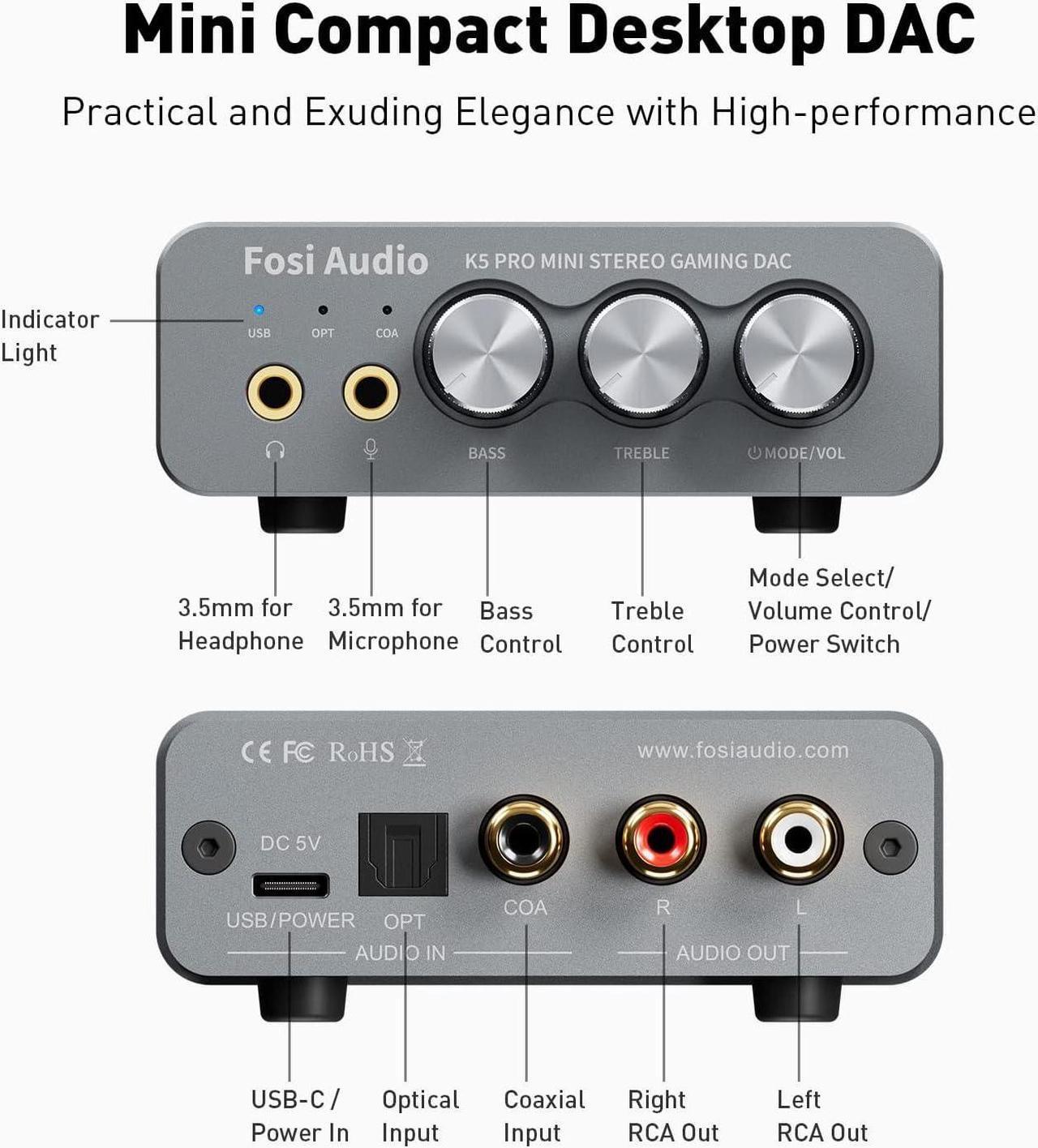 Alt view image 2 of 7 - Audio K5 Pro Gaming DAC Headphone Amplifier Mini Hi-Fi Stereo Digital-to-Analog Audio Converter USB Type C/Optical/Coaxial to RCA/3.5MM AUX for PS5/PC/MAC/Computer