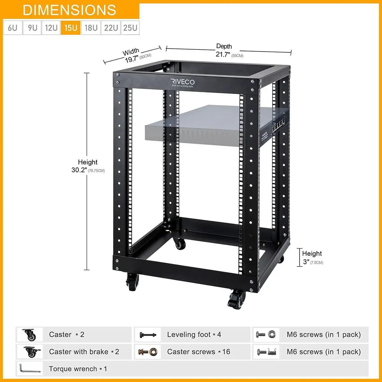 Alt view image 3 of 6 - RIVECO 15U Server Rack Floor Standing Open Frame with Wheels- 19-inch 4 Post Quick Assembly AV Rack Network Heavy Duty Durable Black