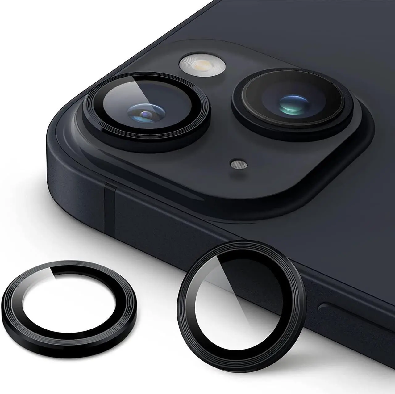 Main image of Camera Lens Protector for iPhone 14 6.1-Inch and iPhone 14 Plus 6.7-Inch 9H Tempered Glass Metal Individual Ring Cover HD Clear 1 Set (Midnight)