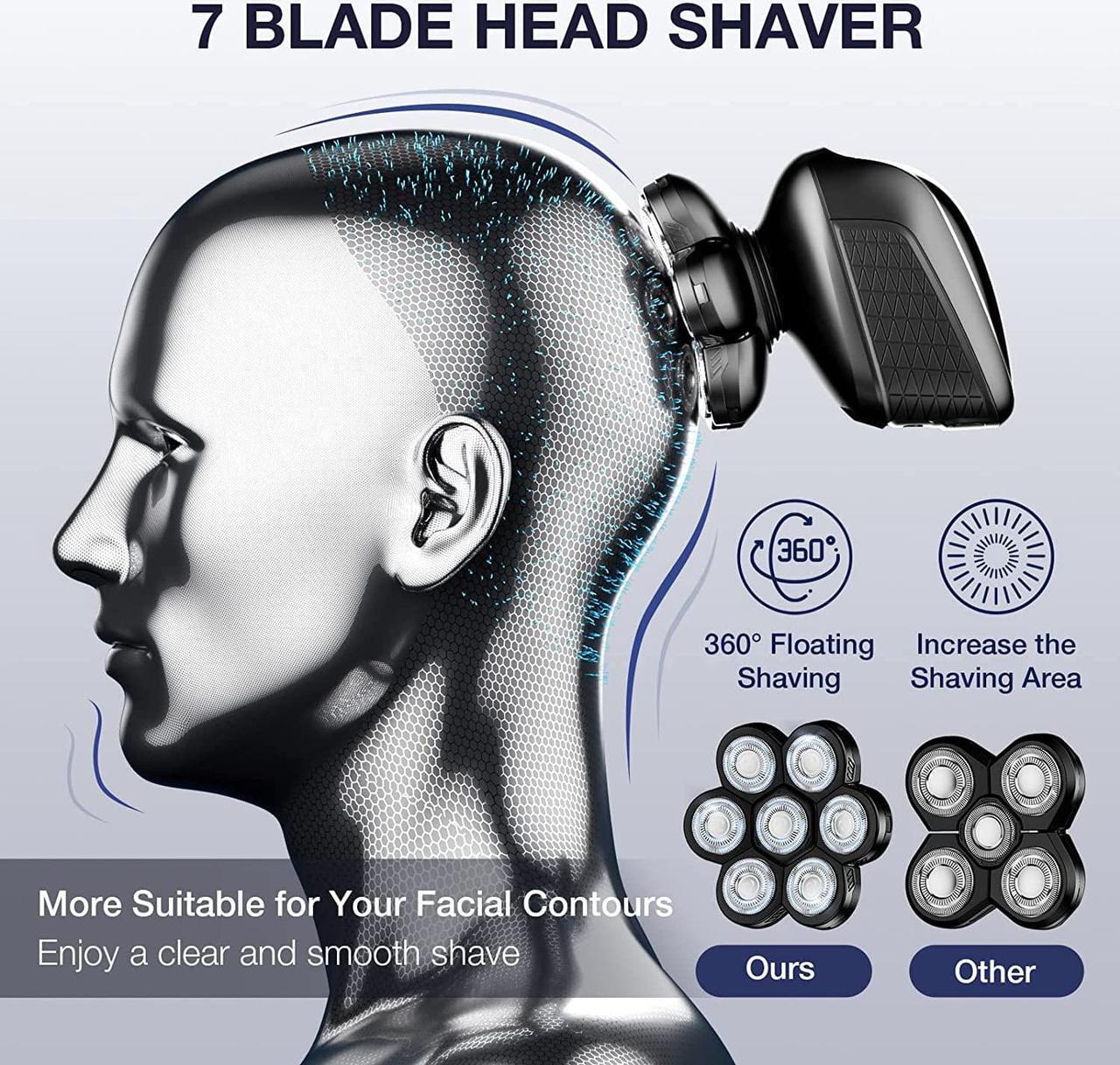 Alt view image 2 of 7 - Head Shaver 7D, Wyklaus Upgrade Head Shavers for Bald Men, Head Electric Razor with Nose Hair Trimmer, Waterproof Wet/Dry Mens Grooming Kit, Anti-Pinch, LED Display, USB RechargeableBlack
