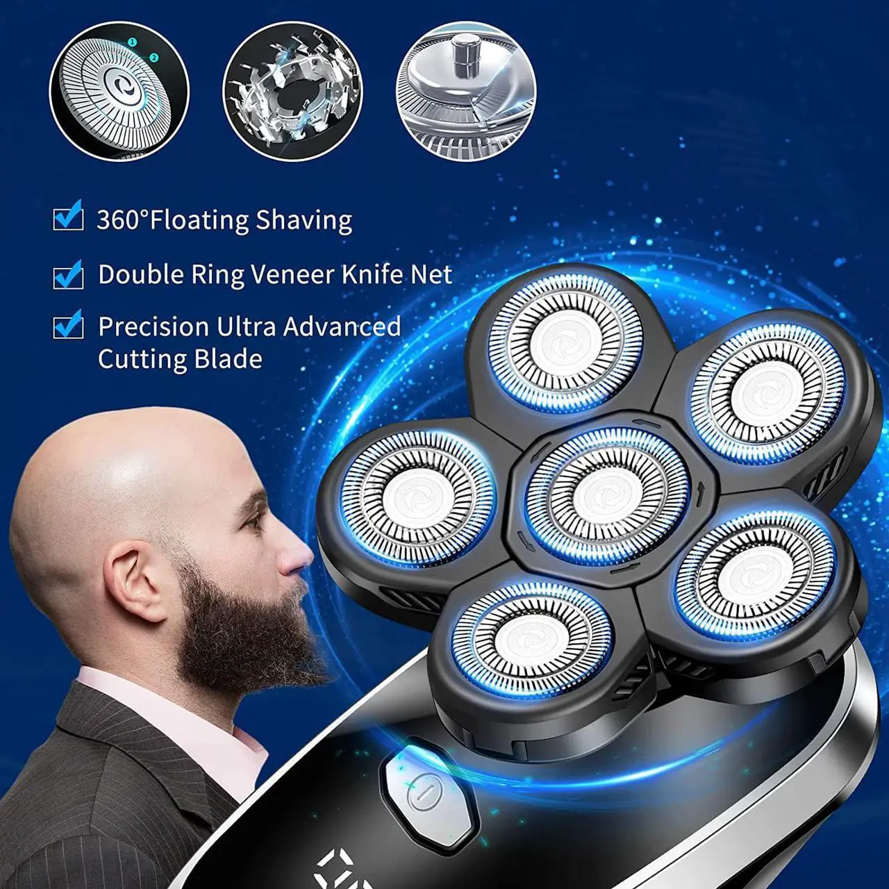Alt view image 2 of 6 - Head Shavers for Bald Men Upgraded Electric Razors Multifunctional Electric Shaver for Balding Head Waterproof Mens Head Razor Cordless Rotary Shaver Rechargeable Razors for Bald Man (Black)