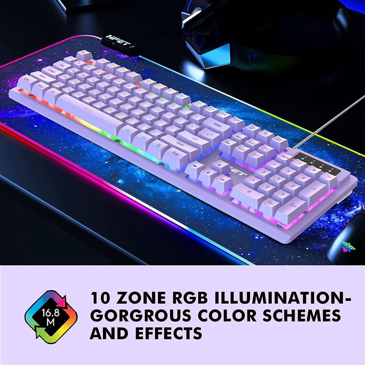 Alt view image 7 of 7 - NPET K10 Wired Gaming Keyboard, RGB Backlit, Spill-Resistant Design, Multimedia Keys, Quiet Silent USB Membrane Keyboard for Desktop, Computer, PC (Purple)