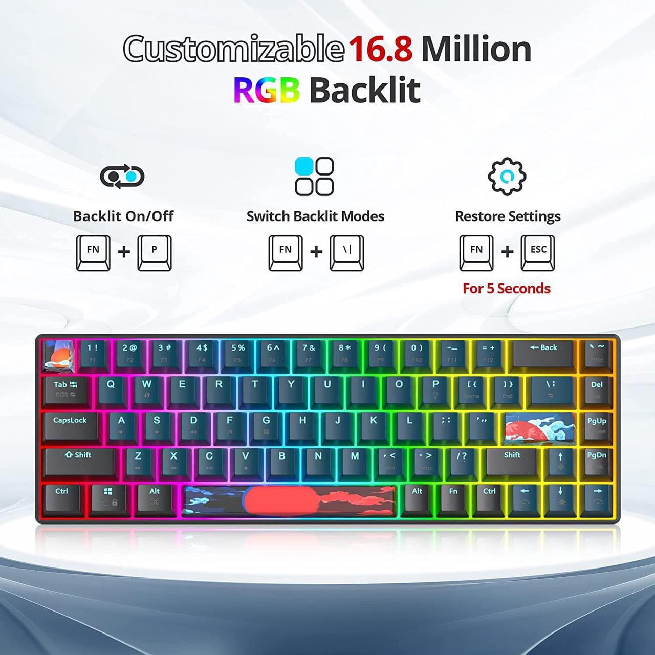Alt view image 4 of 7 - 65 Percent Mechanical Gaming Keyboard 68 Keys RGB Gaming Keyboard with Red Switch Wired Keyboard for Windows PS4/5 Xbox Gamers(68 Monster)