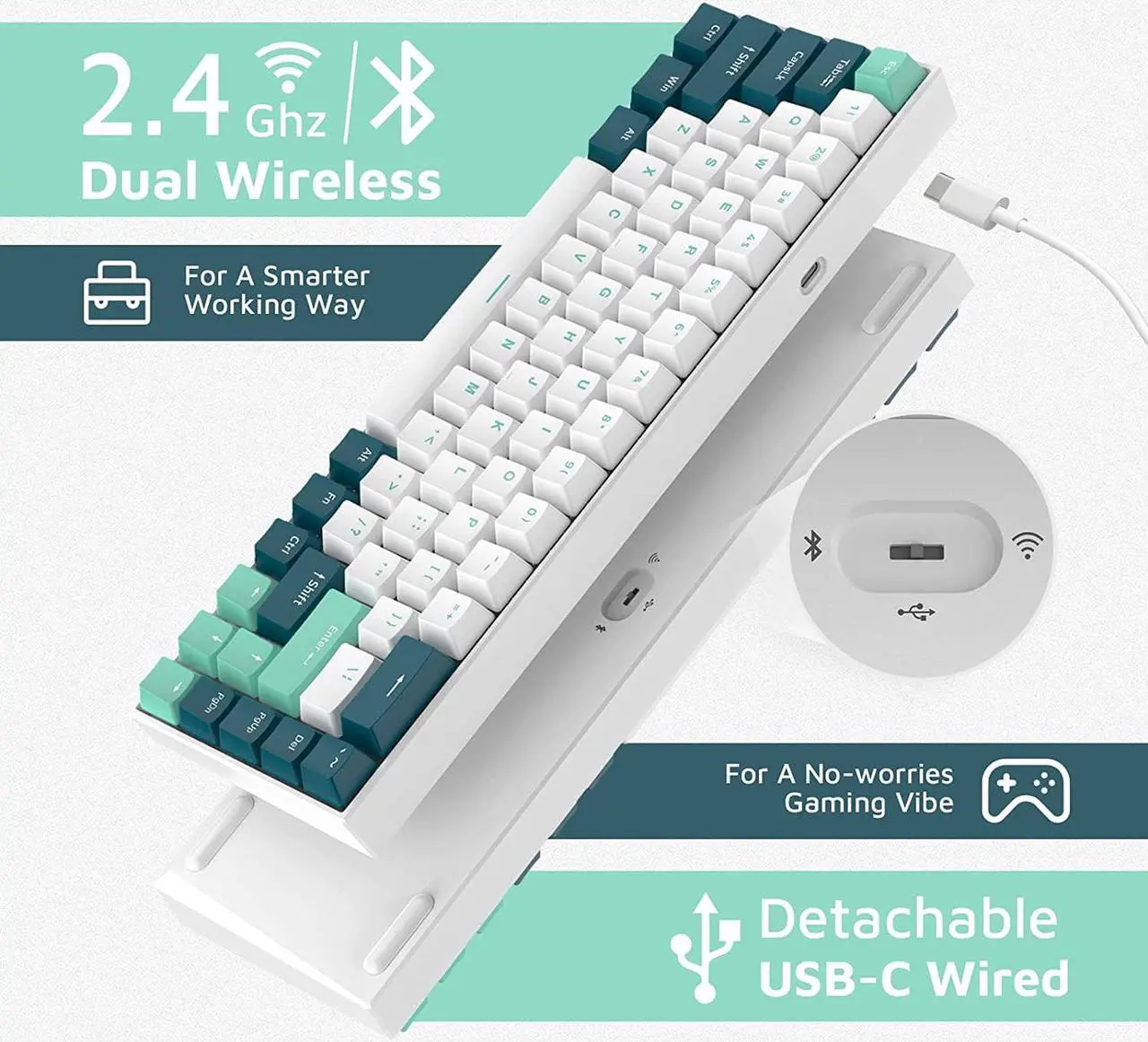 Alt view image 2 of 7 - FL ESPORTS F12 65% Three-Mode Wireless Mechanical Keyboard, 68 Keys RGB Bluetooth 5.0/2.4Ghz Gaming Keyboard w/Light Tactile Kailh Box White Switch, PBT Keycaps, Durable Durable Battery, Mint Green