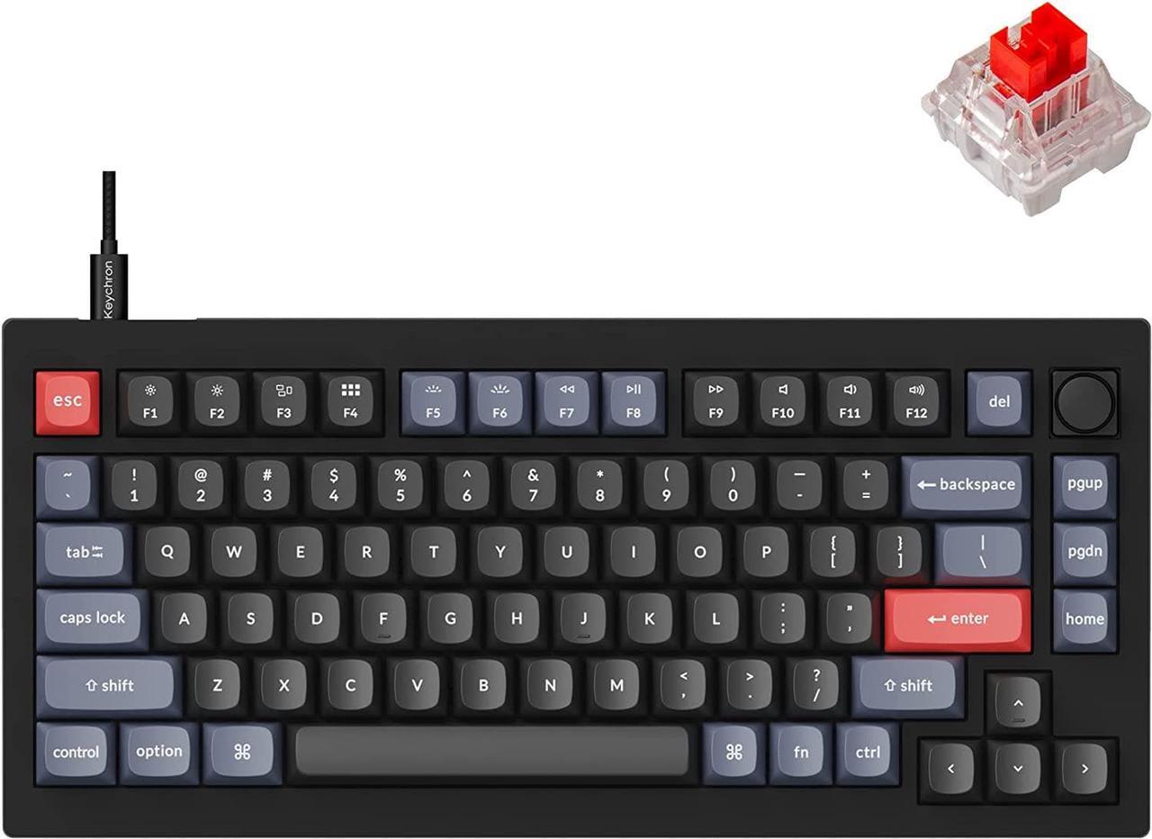 Main image of Keychron V1 Wired Custom Mechanical Keyboard Knob Version, 75% Layout QMK/VIA Programmable with Hot-swappable Keychron K Pro Red Switch Compatible with Mac Windows Linux Carbon Black (Non-Transparent)