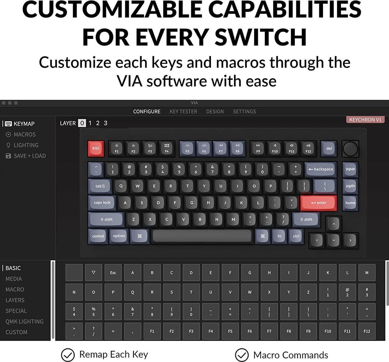 Alt view image 2 of 7 - Keychron V1 Wired Custom Mechanical Keyboard Knob Version, 75% Layout QMK/VIA Programmable with Hot-swappable Keychron K Pro Red Switch Compatible with Mac Windows Linux Carbon Black (Non-Transparent)