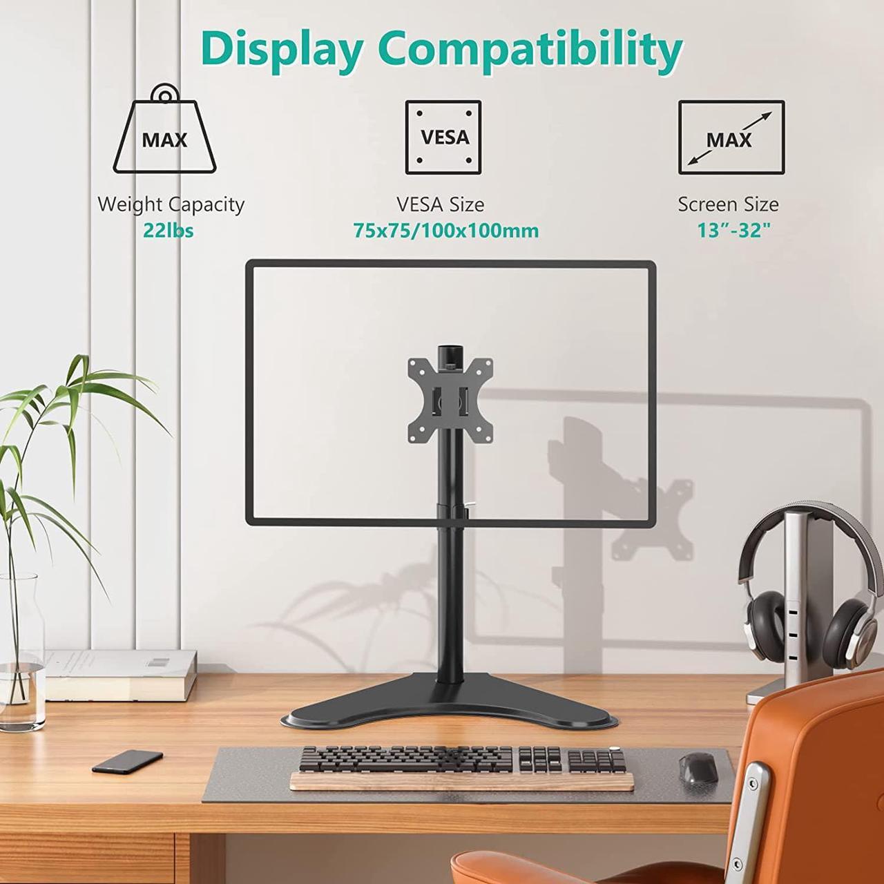 Alt view image 3 of 7 - Single Monitor Stand Adjustable Monitor Stand for One Screen up to 32inch Universal Freestanding Monitor Stand for hp acer lg Monitor with monting Holes 75 to 100mm (MF001) Black