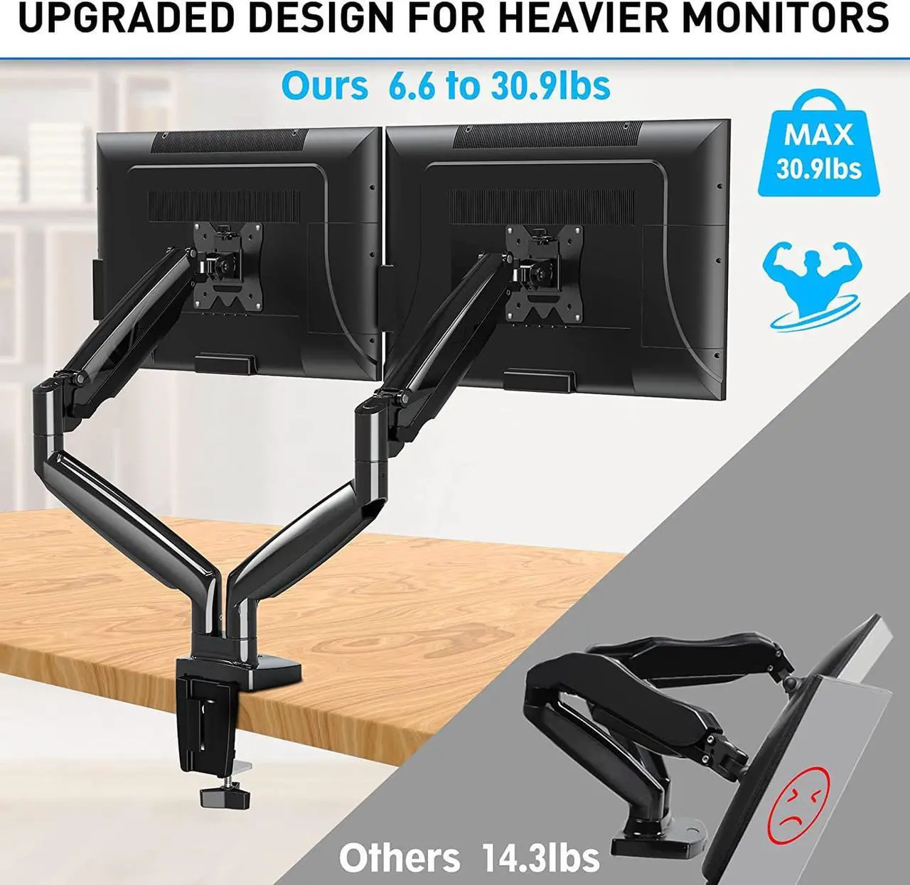Alt view image 2 of 7 - MOUNTUP Ultrawide Dual Monitor Desk Mount for 2 Computer Screen Max 35 Inch, Adjustable Gas Spring Double Monitor Arm, 6.6-30.9lbs Heavy Duty Monitor Stand Holder, VESA Bracket With Clamp/Grommet Base