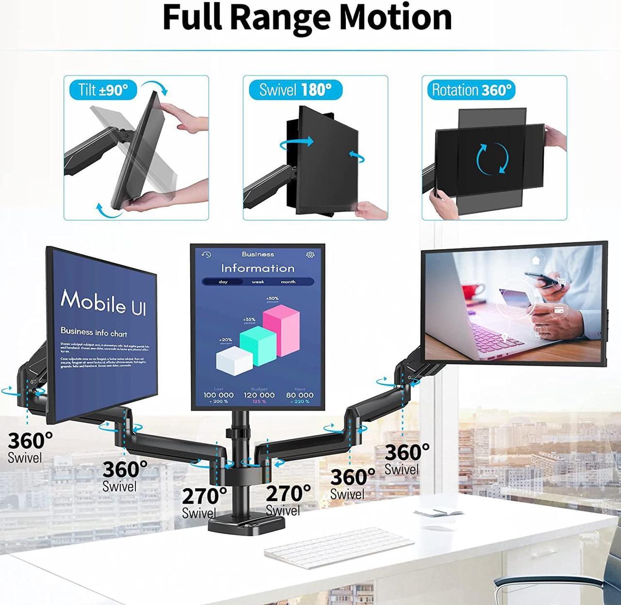 Alt view image 3 of 7 - MOUNTUP Triple Monitor Mount, Three Monitor Desk Mount for Max 27 inch Computer Screens, Triple Monitors Stand with Gas Spring, Monitors Arm with Swivel, Tilt, Rotation, Each Arm Holds Up to 19.8 lbs