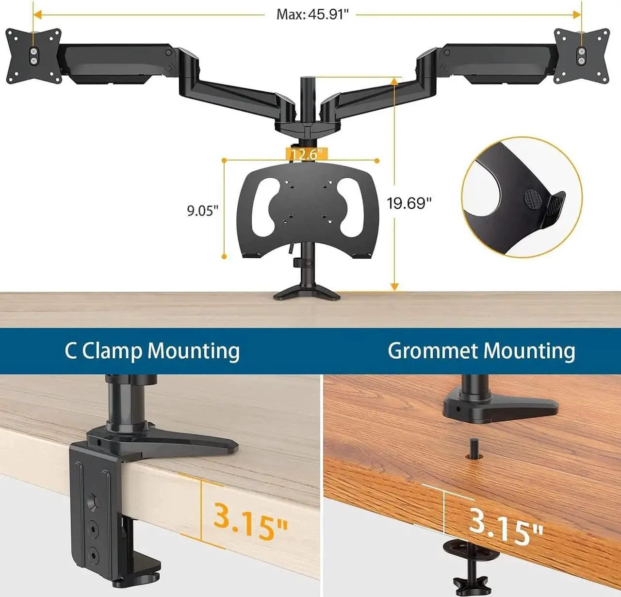 Alt view image 5 of 6 - HUANUO Monitor and Laptop Mount, Gas Spring Dual Monitor Stand with Laptop Tray Fit Two 13 to 27 Inch Flat Curved Computer Screens and 10 to 15 Inch Notebooks with C Clamp, Grommet Mounting Base